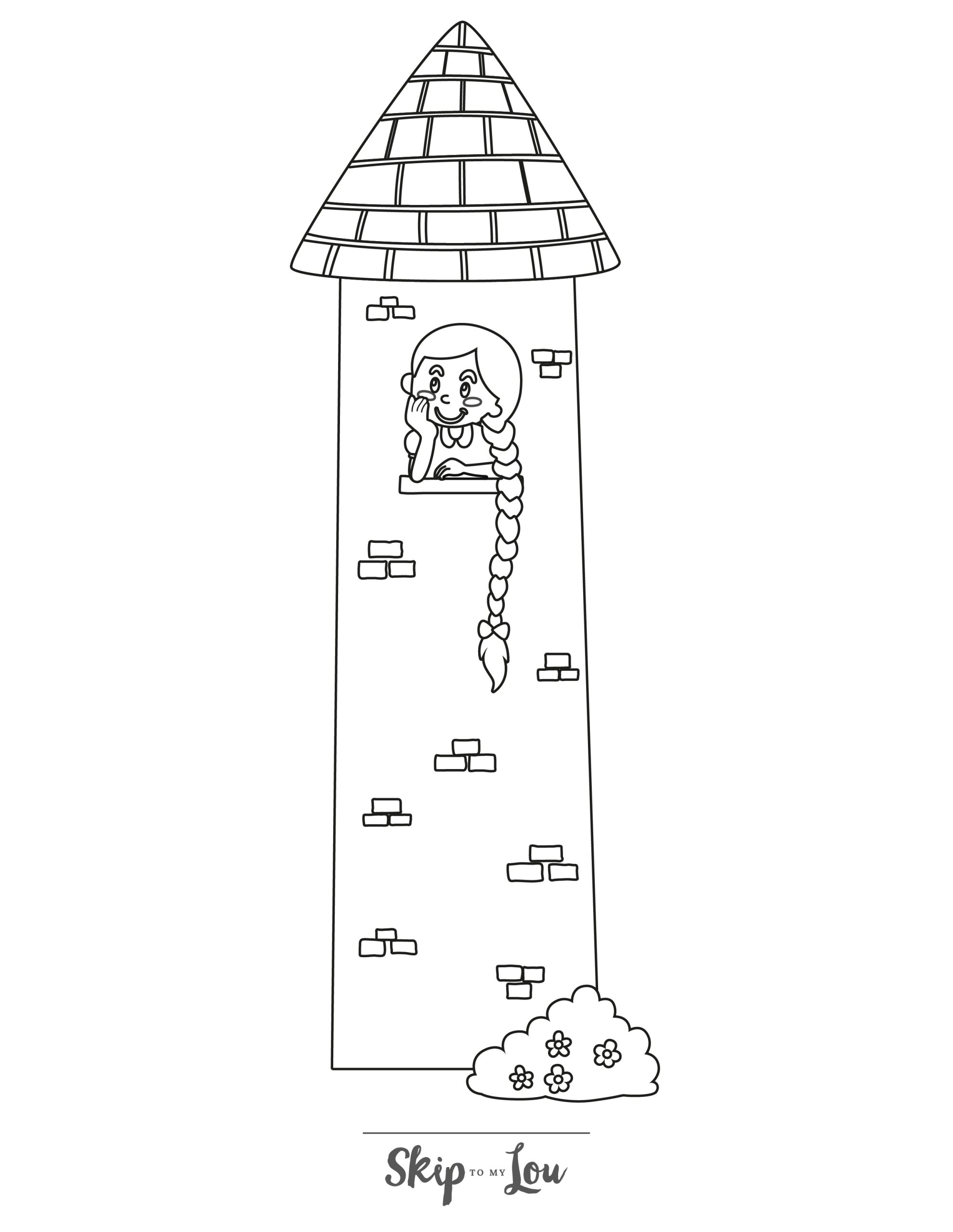 Rapunzel Coloring Page 2 - Line drawing of Rapunzel in the tower