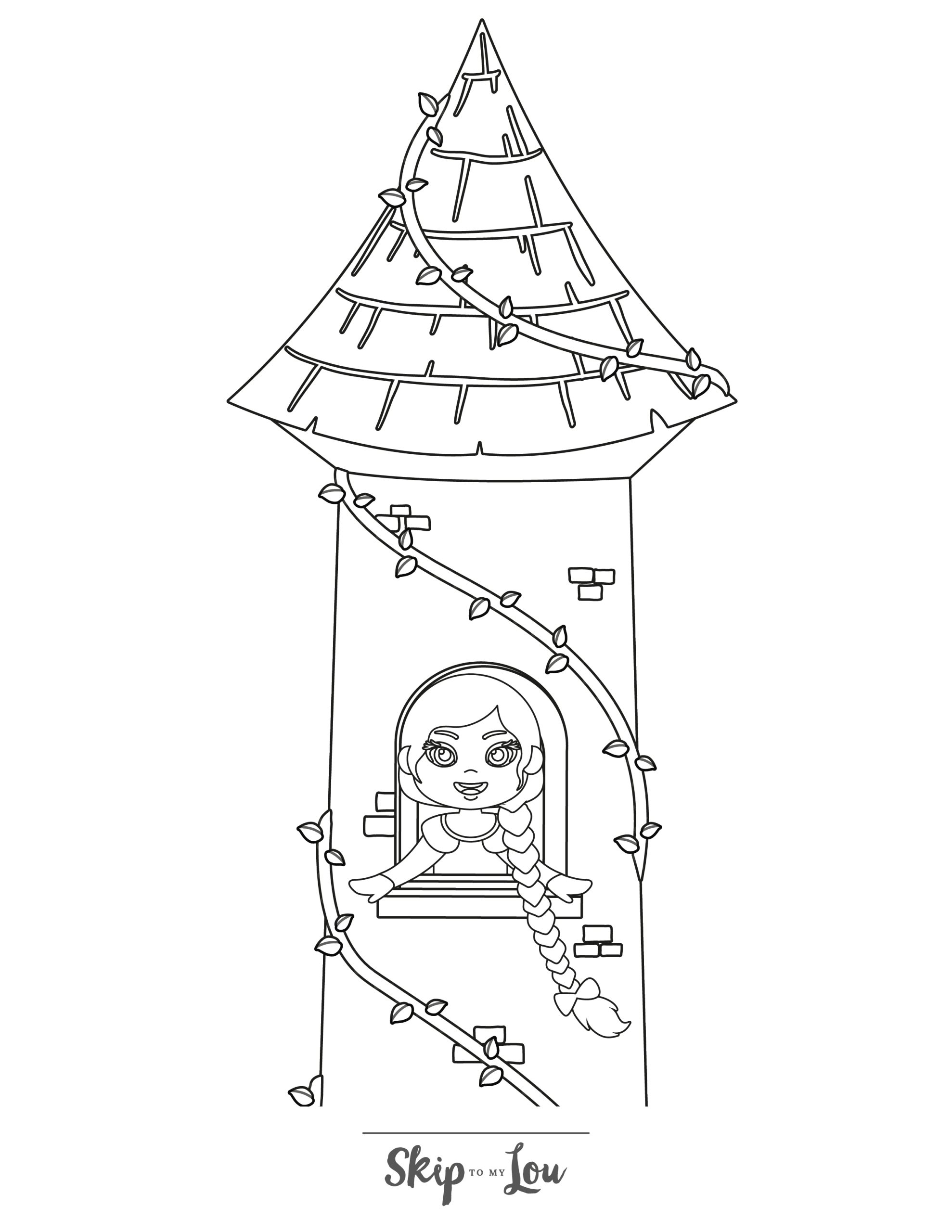 Skip to my Lou - Rapunzel Coloring Pages - Line drawing of Rapunzel in her tower window with her hair dangling down
