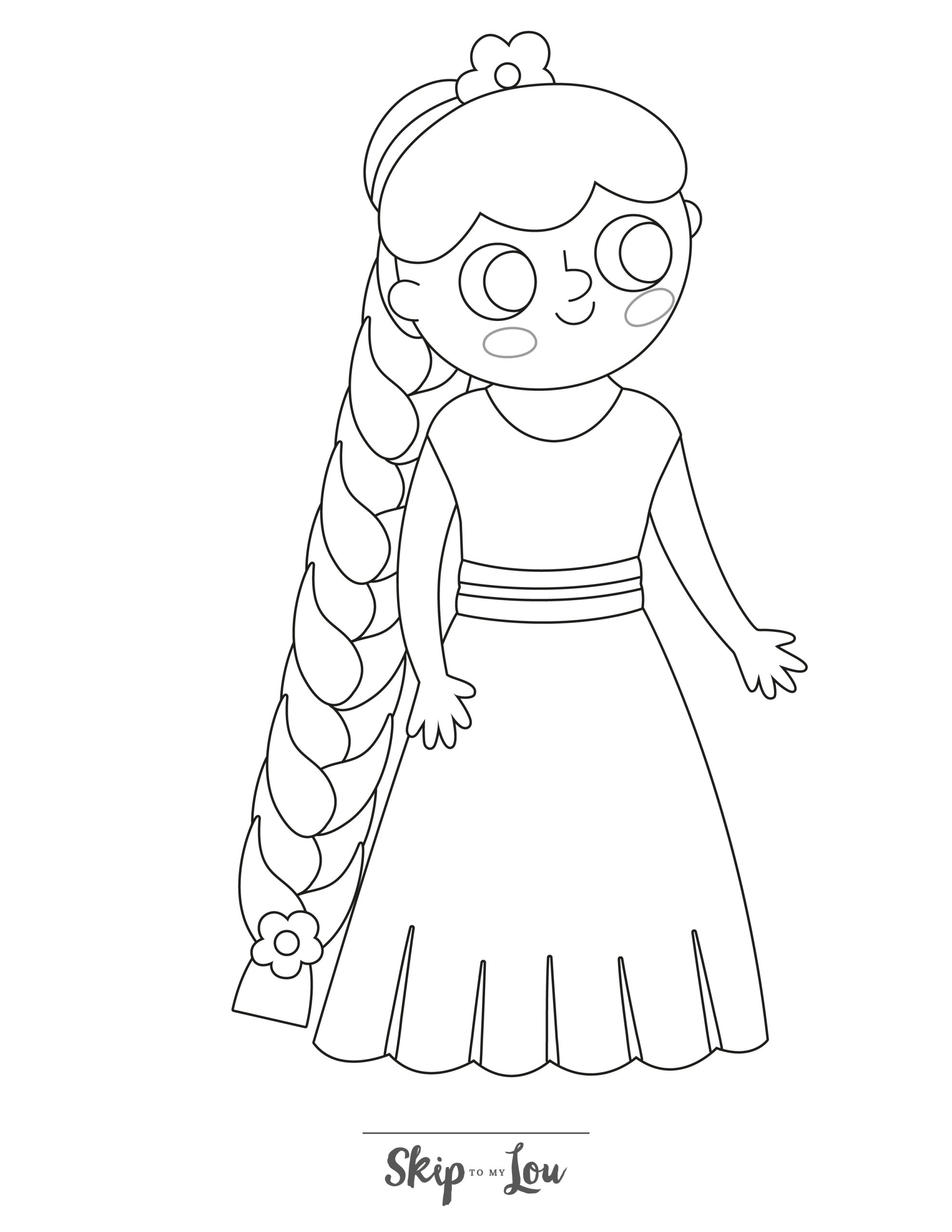 Rapunzel Coloring Page 7 - Line drawing showing Rapunsel's long hair