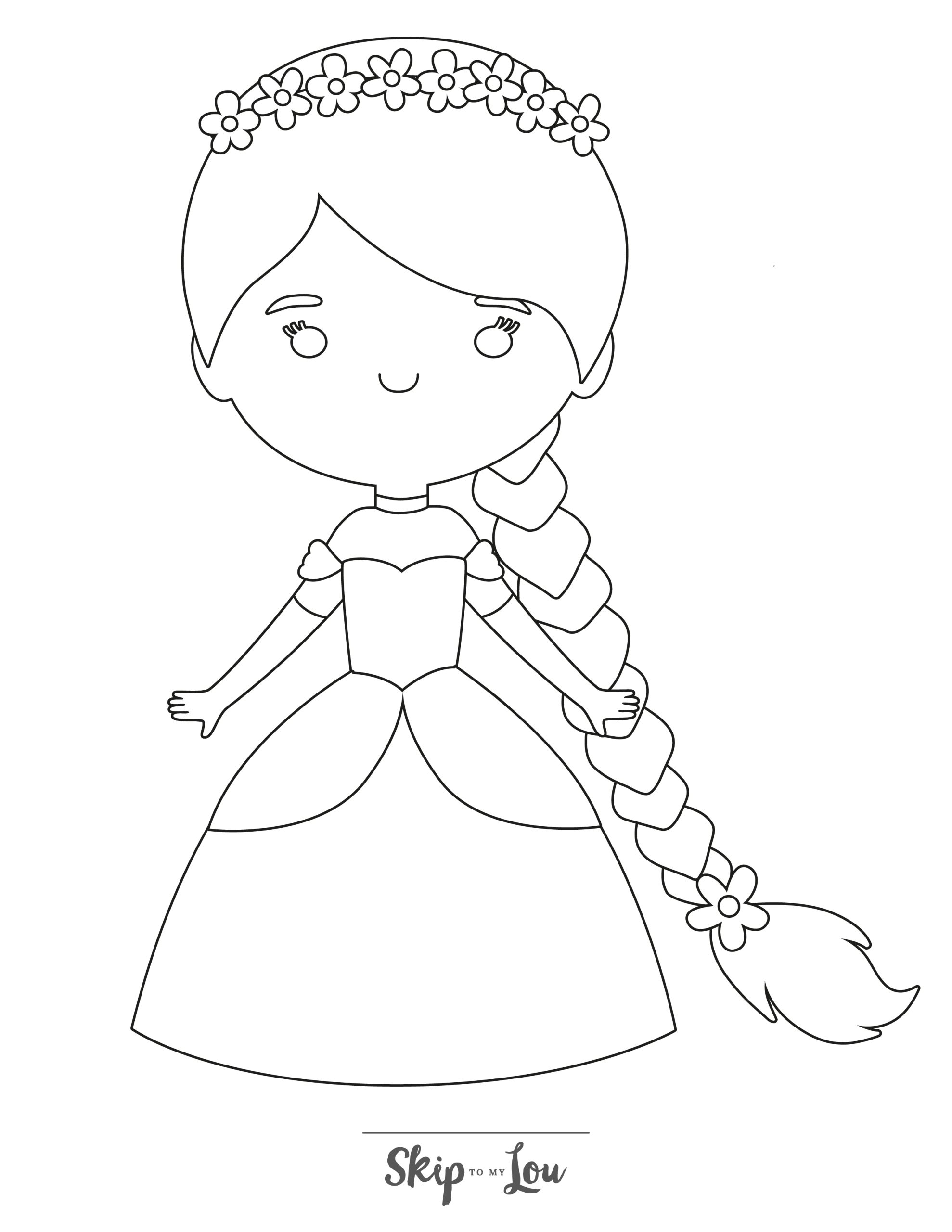 Rapunzel Coloring Page 9 - Simple line drawing of Rapunzel wearing a wide dress
