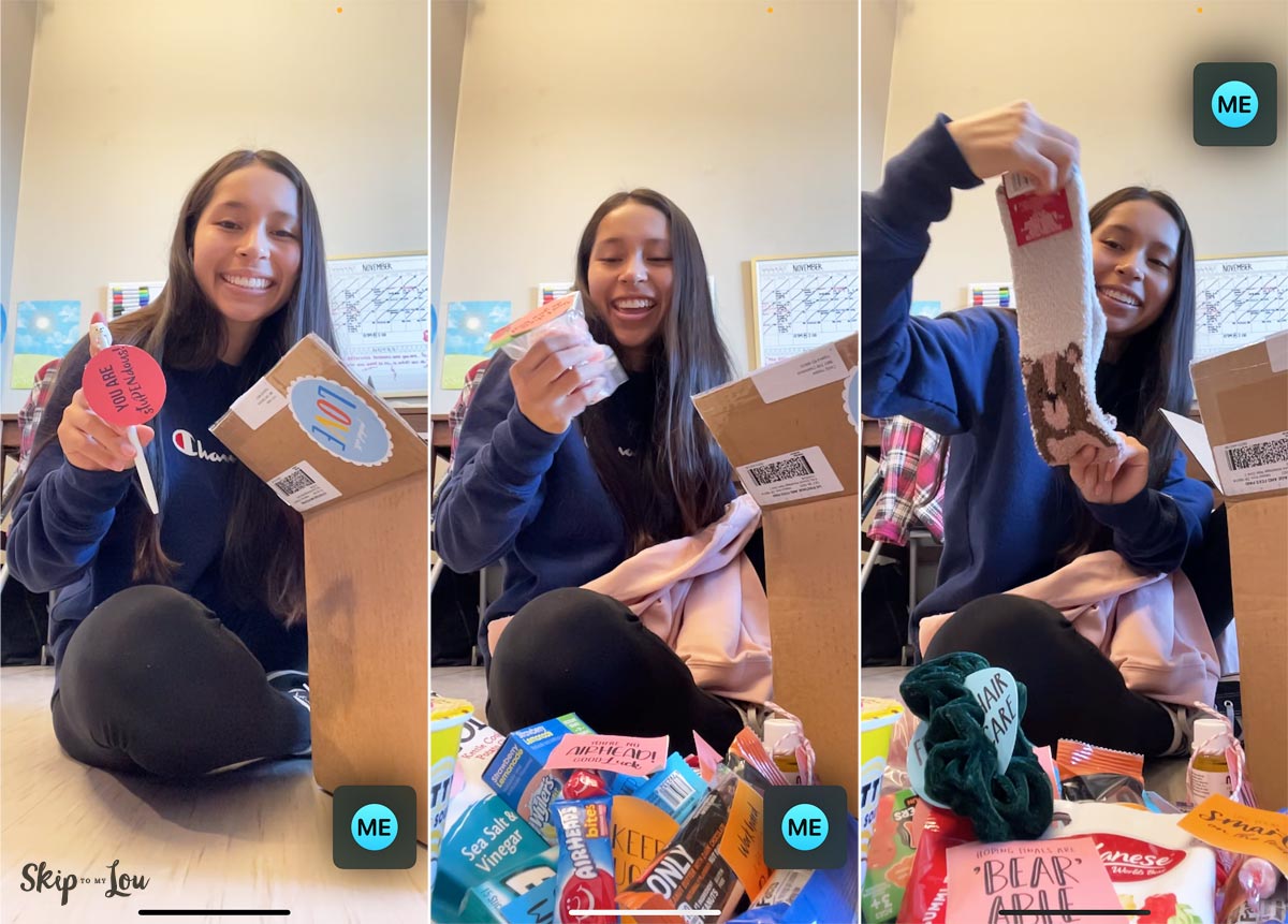 college student showing contents of final exam care package