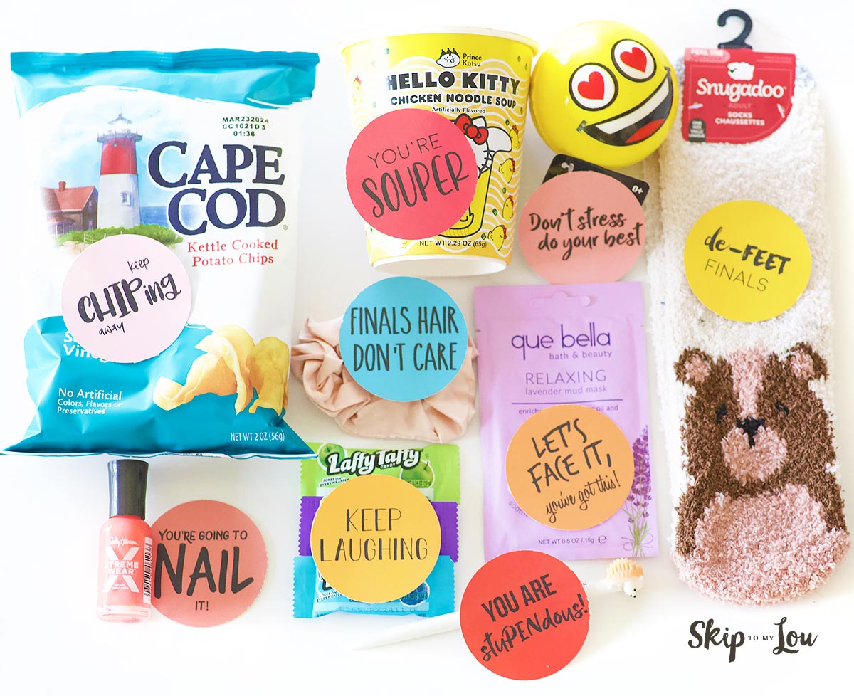 small treats with cute tags for exam care package