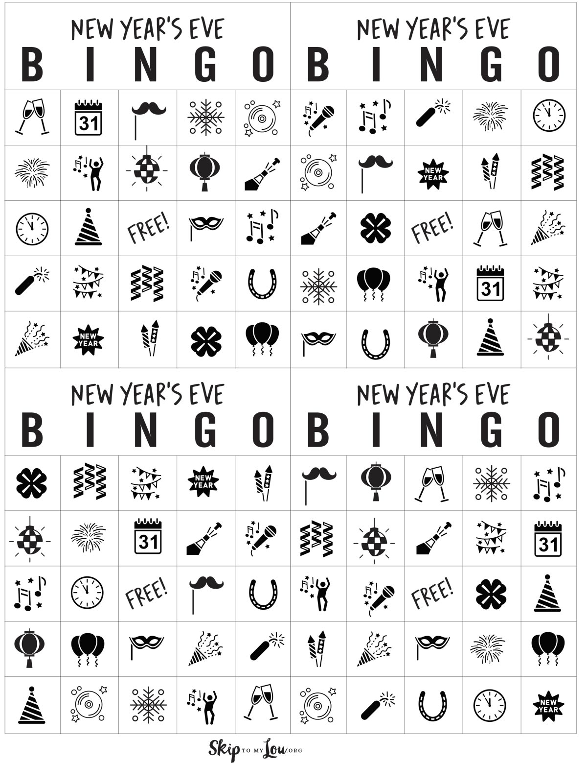 four new year's eve bingo cards to print