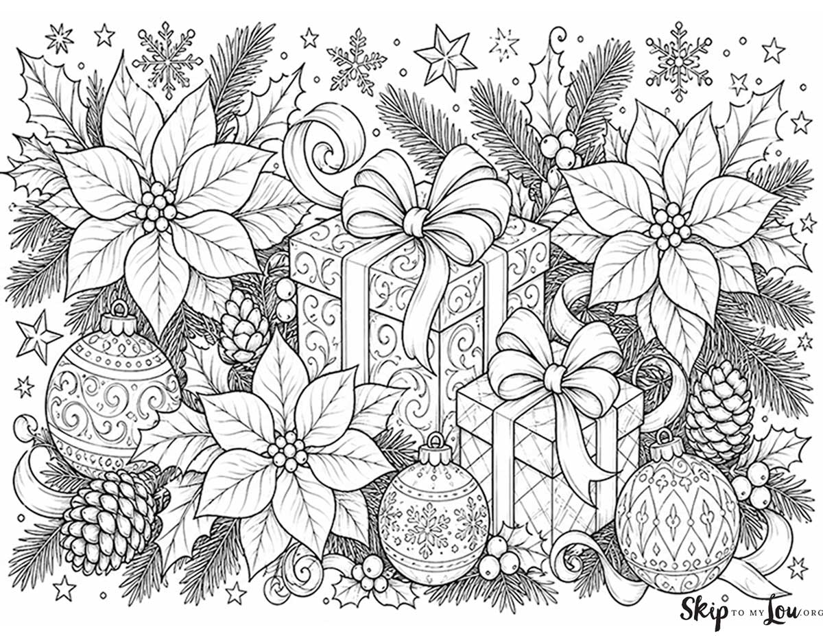 detailed holiday coloring page with poinsettias, christmas ornaments and presents