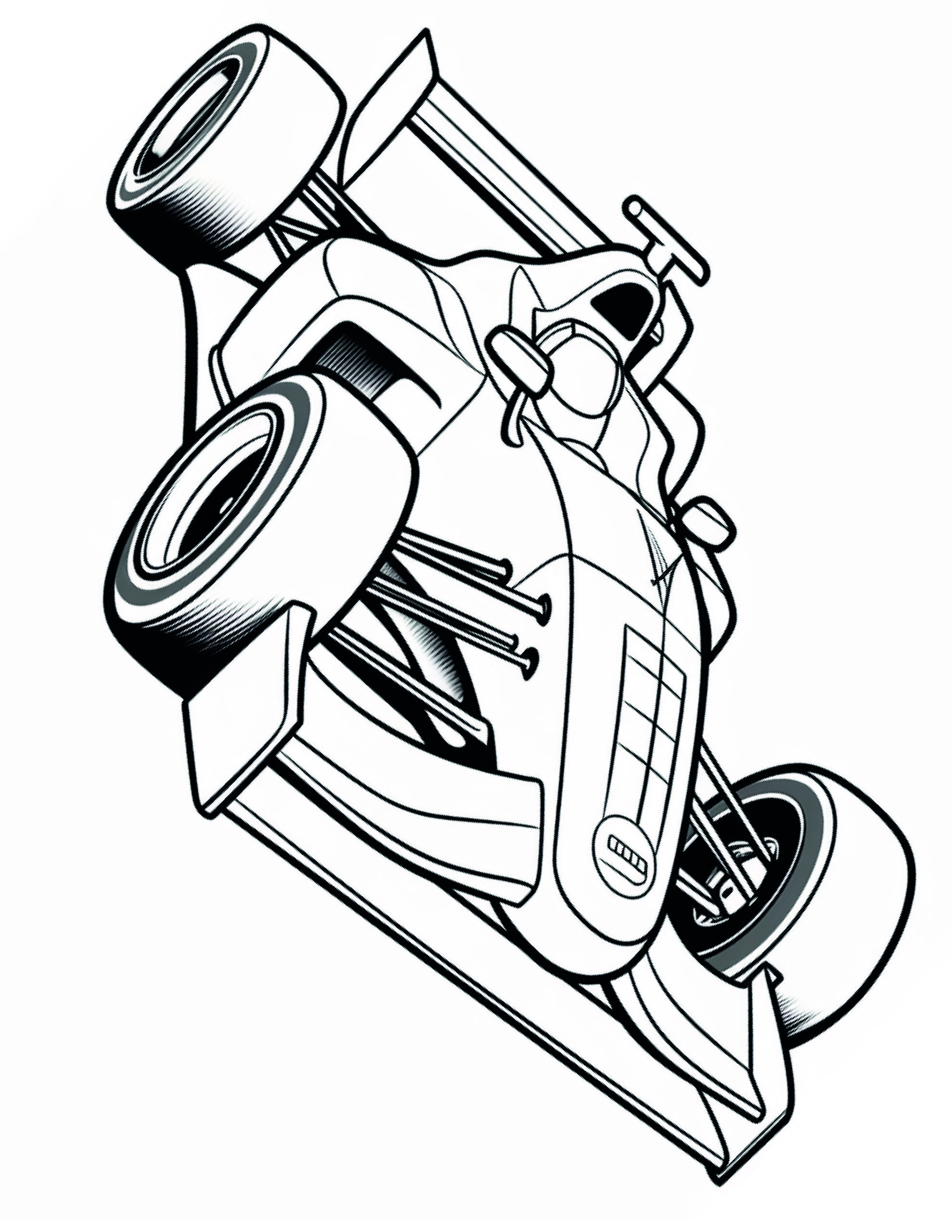 Race Car Coloring Page 1 - A line drawing of the outline of a formula one car.