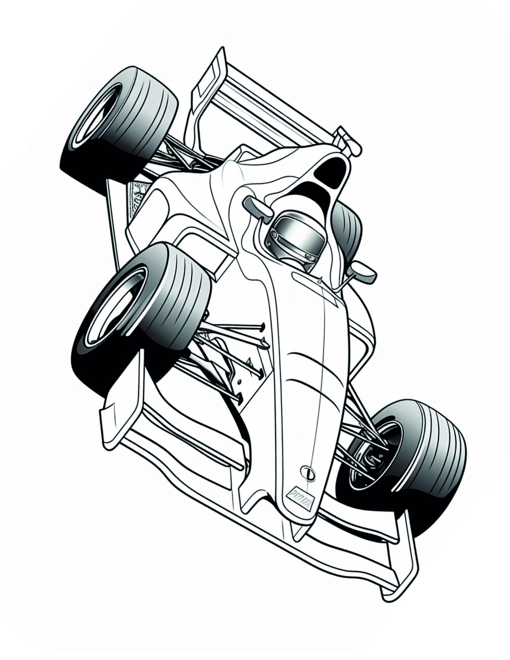 Race Car Coloring Page 2 - A line drawing of a formula one car with black tires.