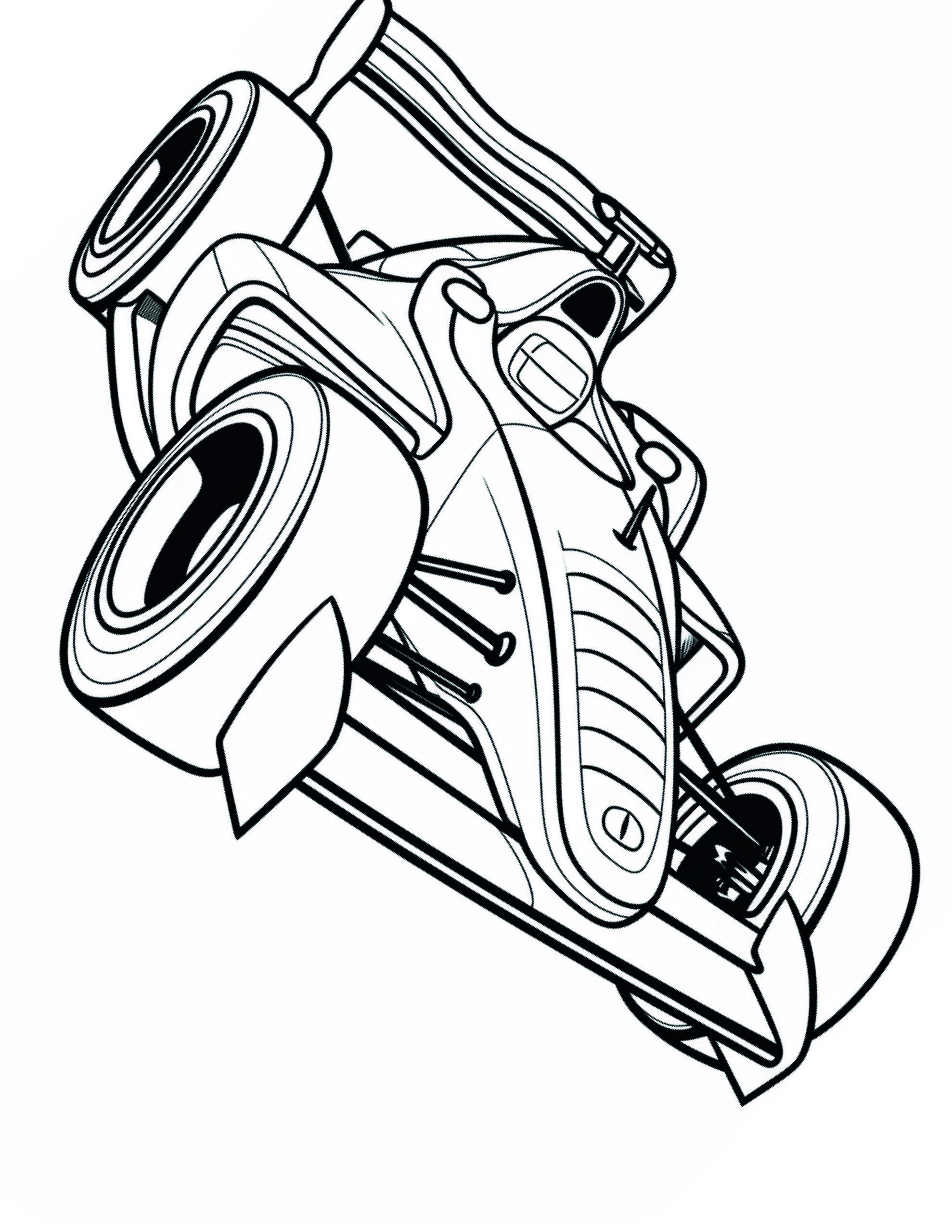 Race Car Coloring Page 3 - A line drawing of a formula one car in a black outline with white background.