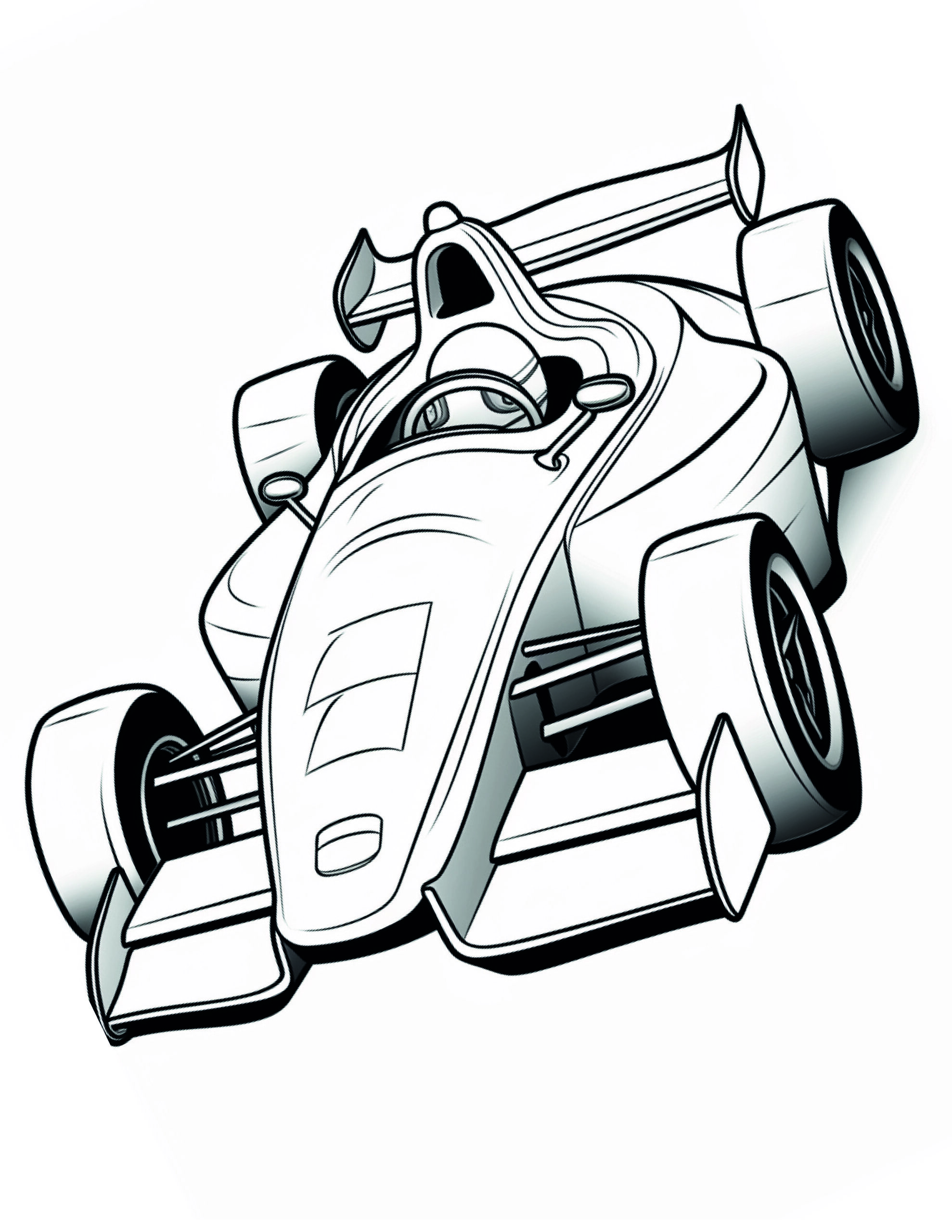 Race Car Coloring Page 4 - A line drawing of a formula one car with large cockpit.