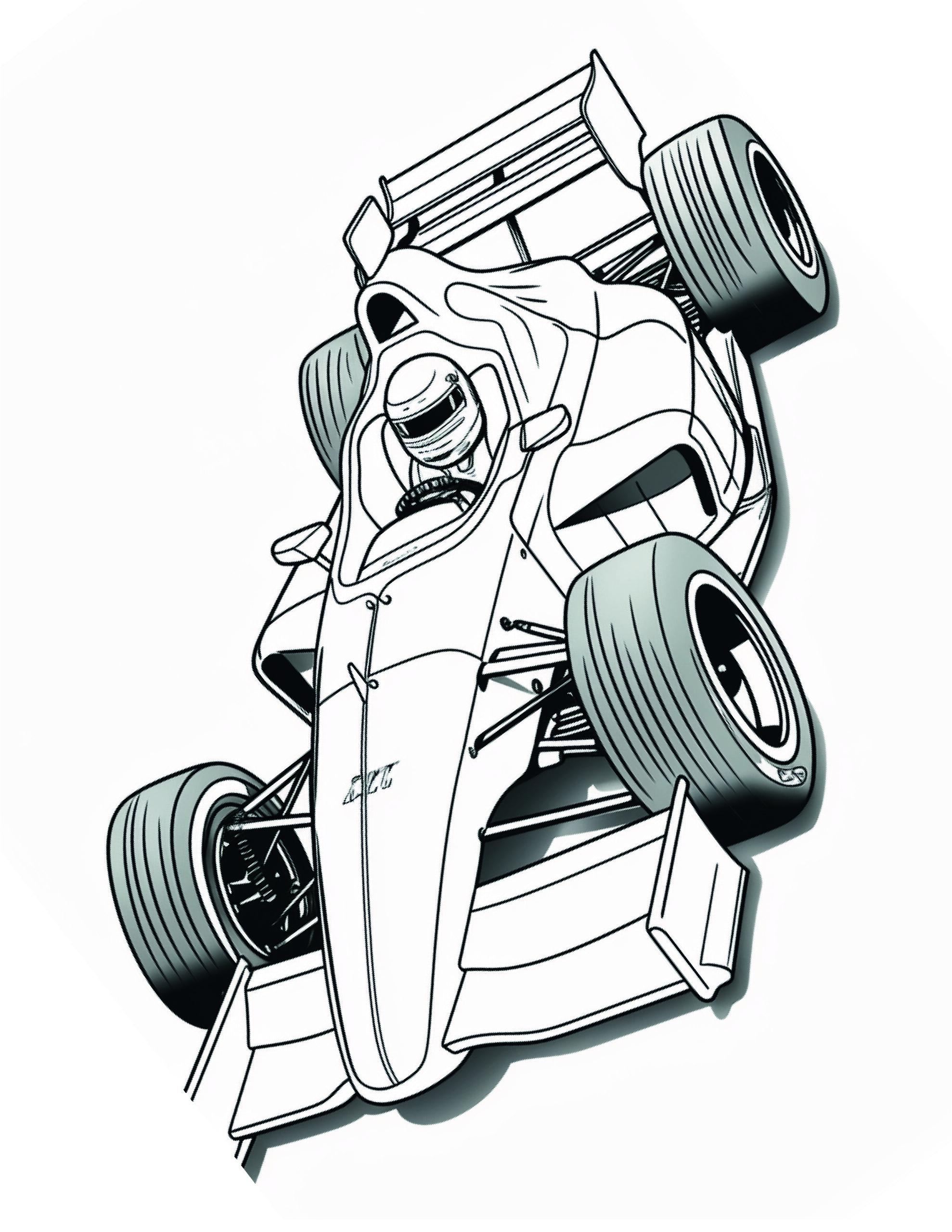 Skip to Your Lou - Race Car Coloring Pages - A line drawing of the outline of a formula one car, with dark shaded tires.