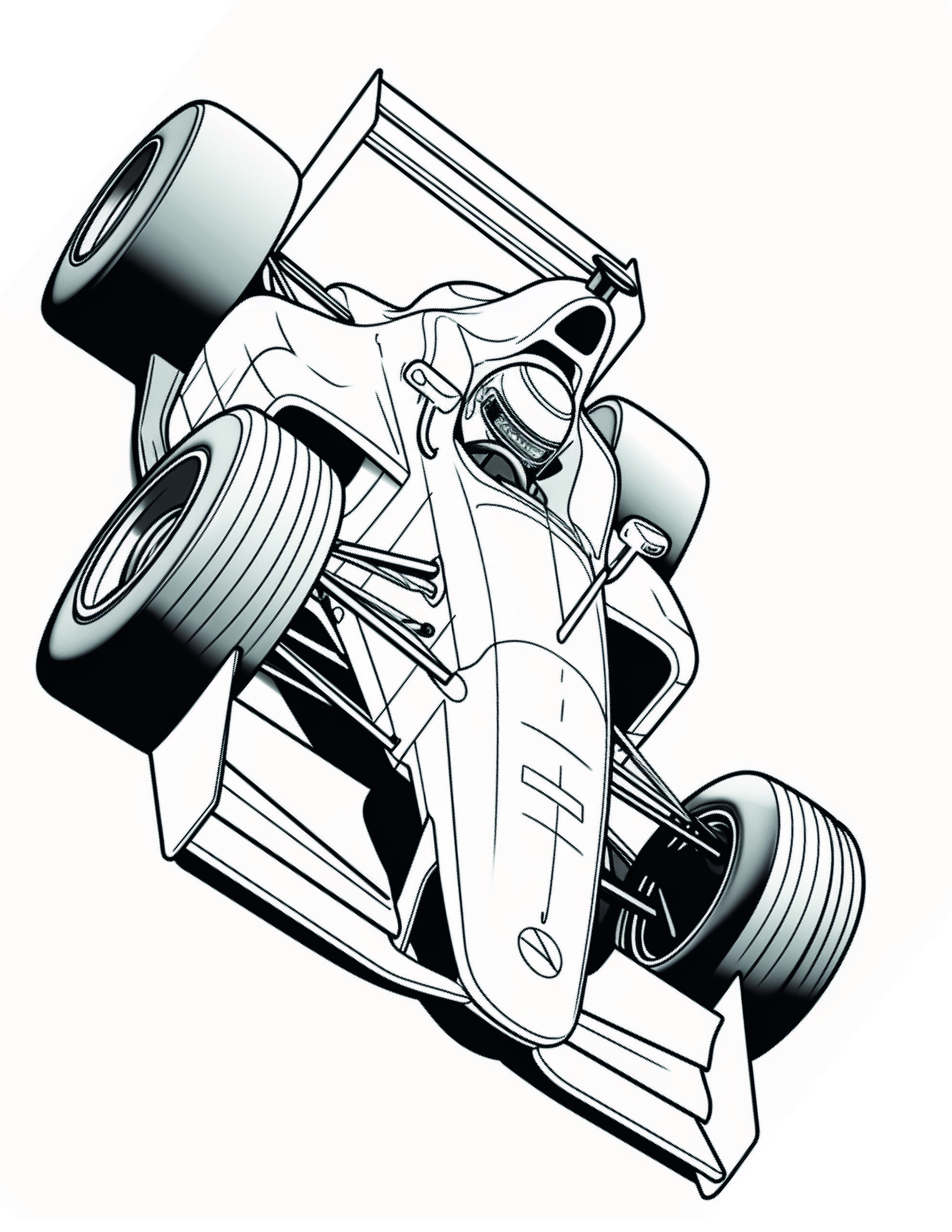 Race Car Coloring Page 6 - A line drawing of a formula one car with an interesting shape.