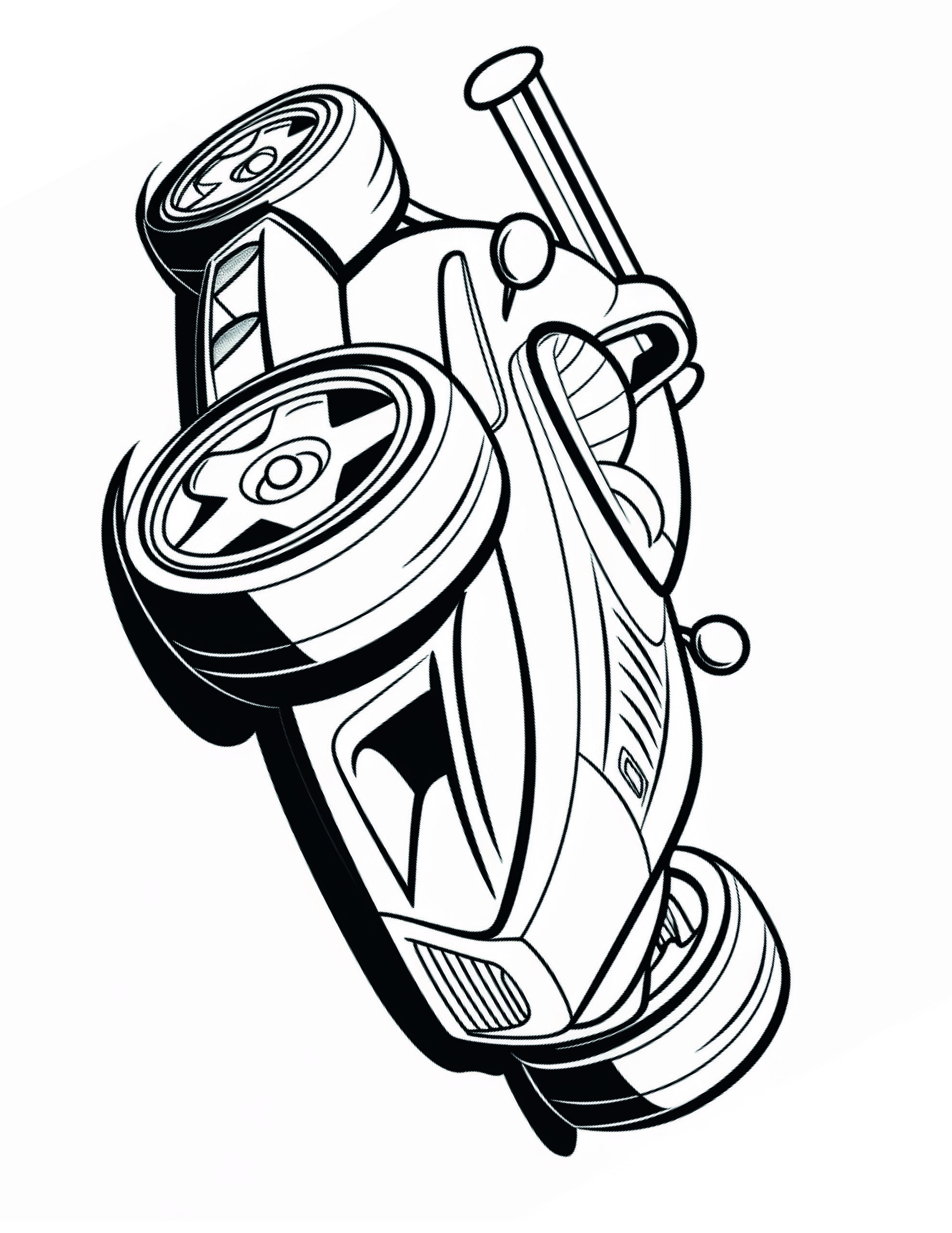 Race Car Coloring Page 7 - A line drawing of a cool formula one car with large spoiler.