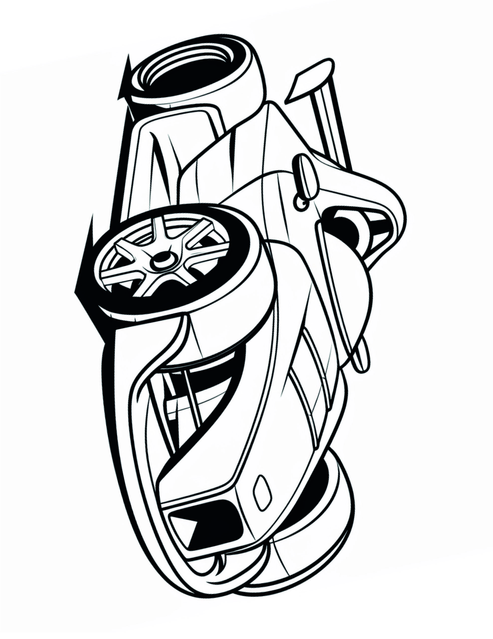 Race Car Coloring Page 8 - A line drawing of a formula one car with alloy wheels and a cool design.