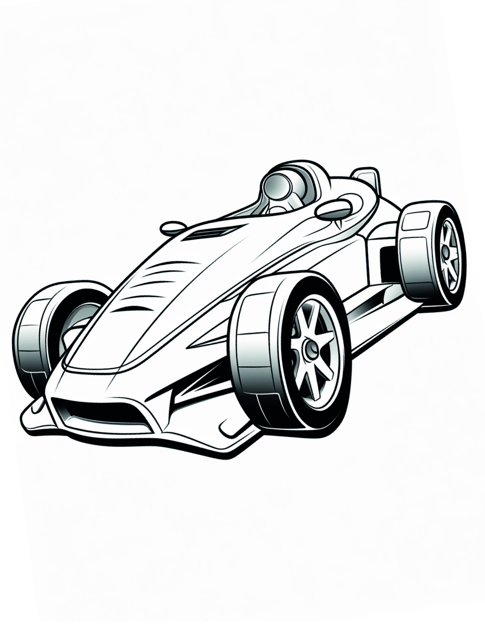 Race Car Coloring Page 10 - A line drawing of a formula one car with no front wing.