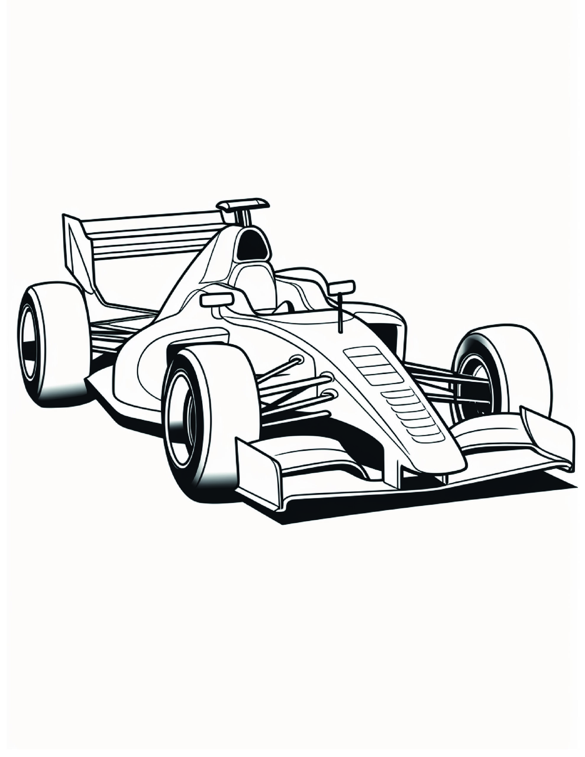 Race Car Coloring Page 11 - A line drawing of a formula one car with streamlined body.