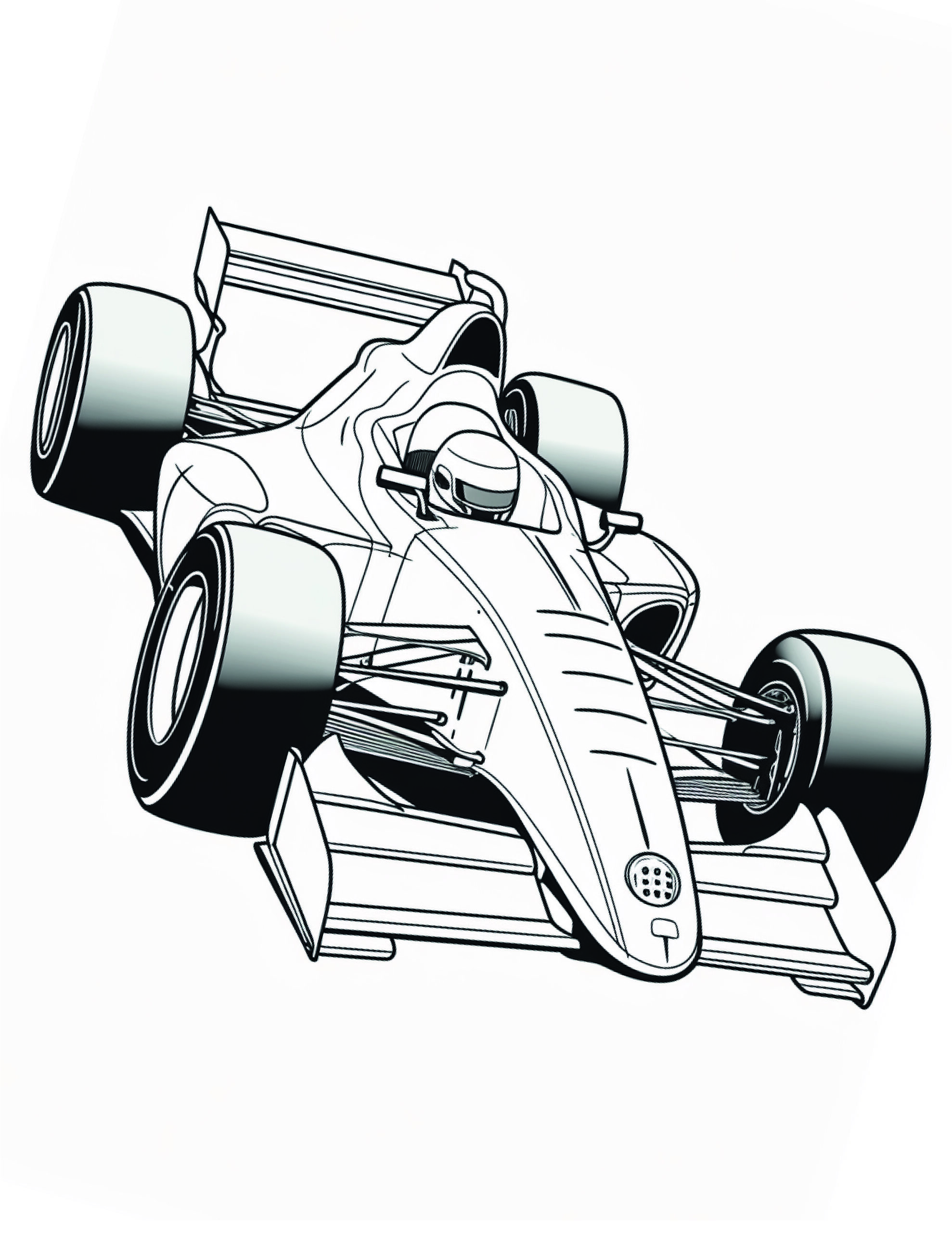 Race Car Coloring Page 12 - A line drawing of a fast formula one car with large wing.