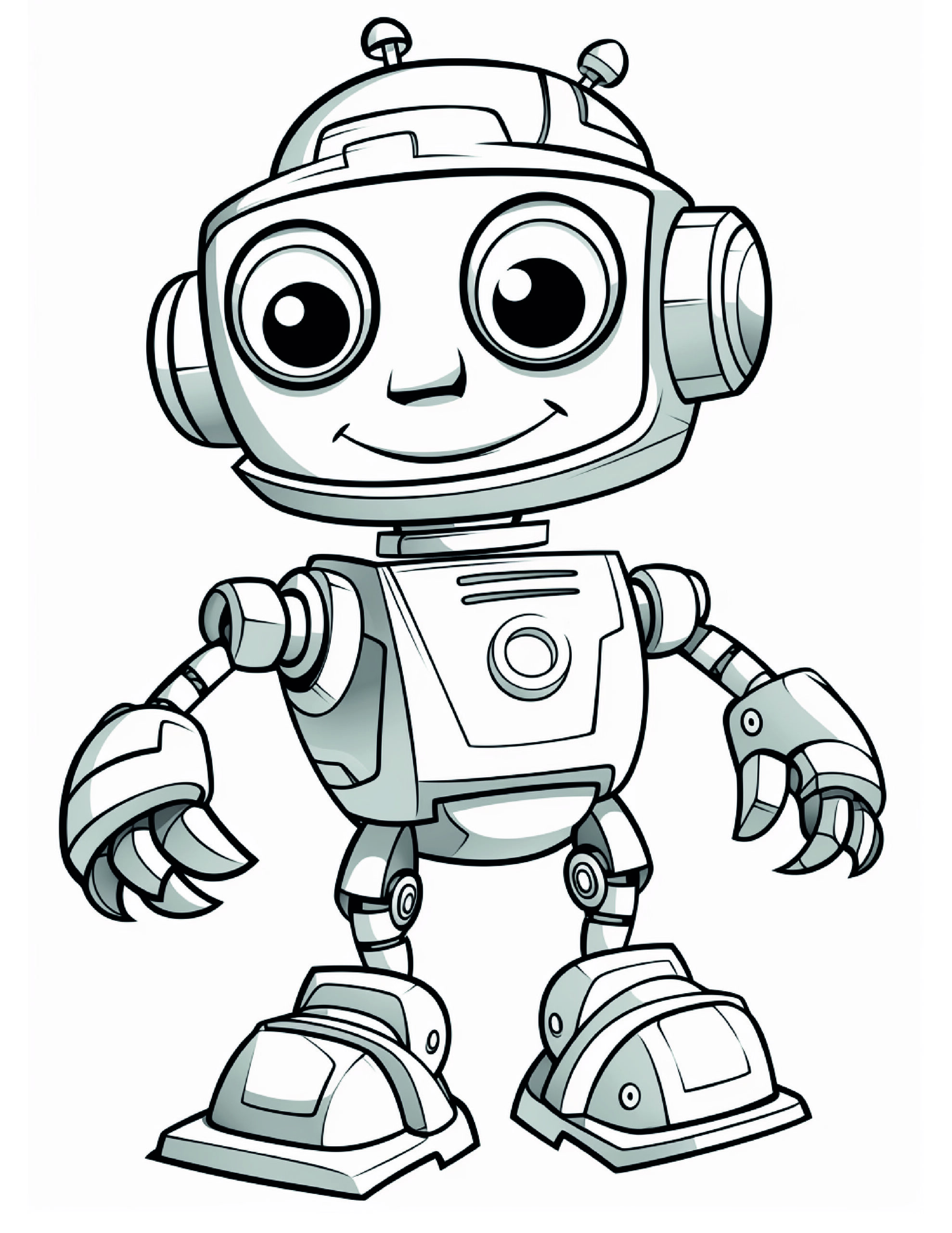 Robot Coloring Page 9 - A line drawing of a smiling robot. 