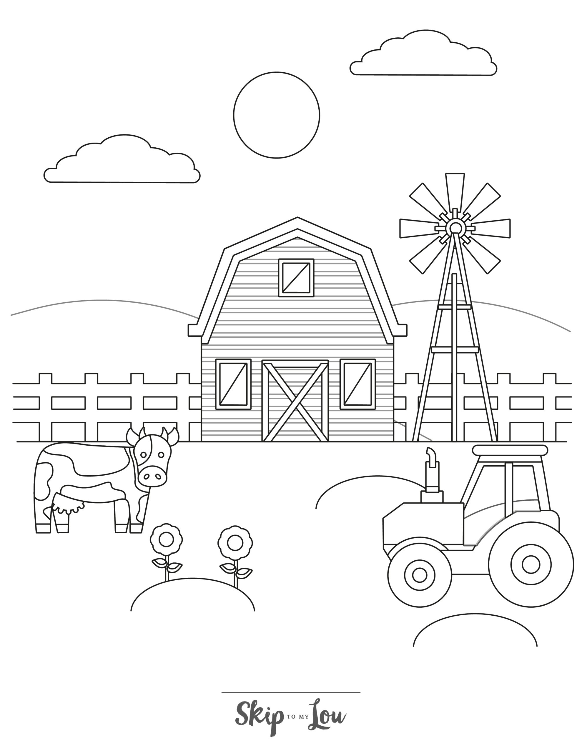 Farm Coloring Page 1 - A line drawing of a barn scene with a cow, tractor, and windmill.