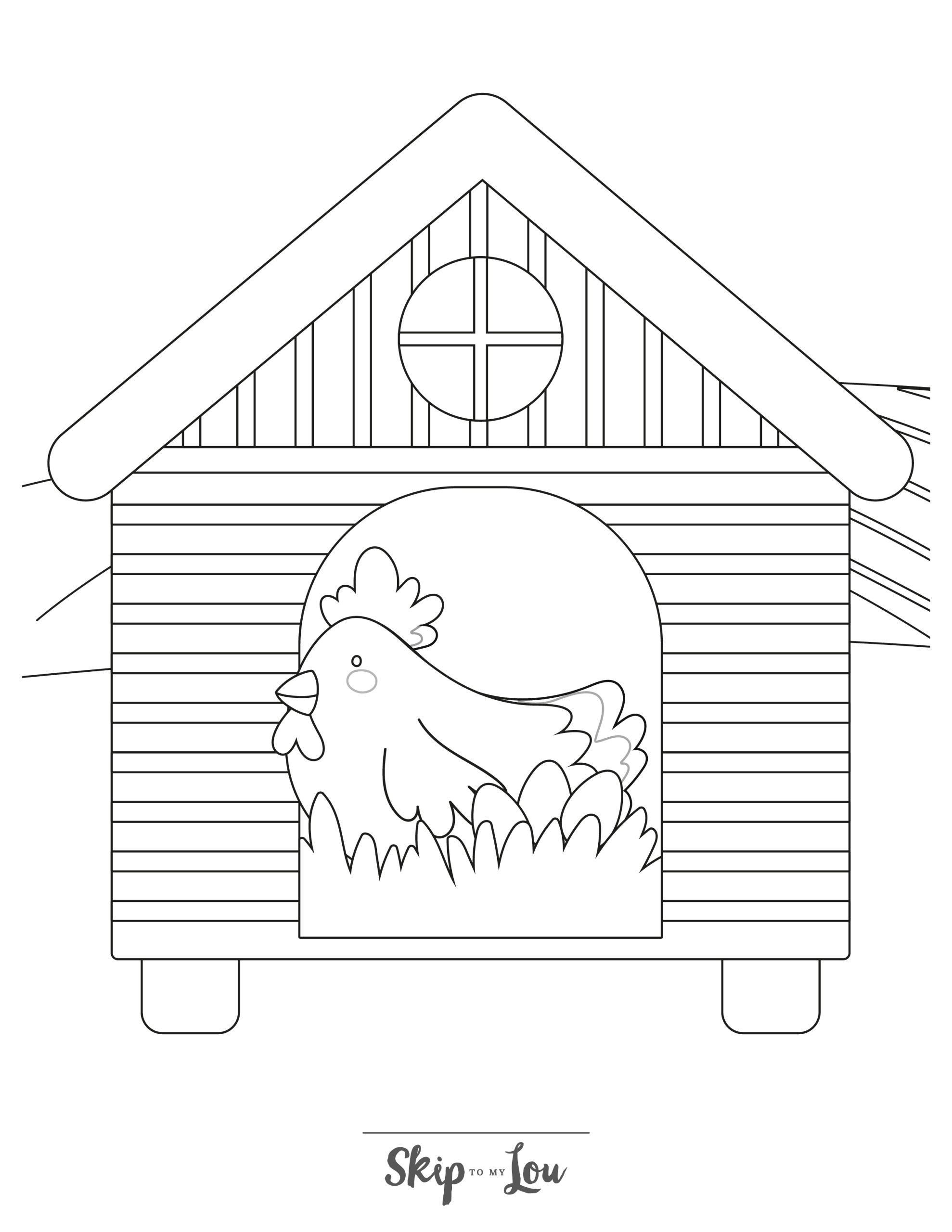 Farm Coloring Page 10 - A line drawing of a large chicken coop with a field in the background. A large chicken with eggs is in the doorway.
