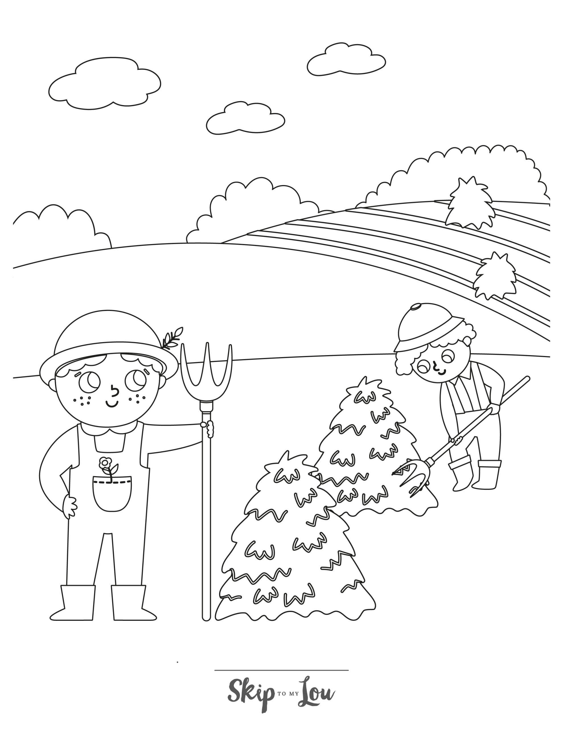 Farm Coloring Page 11 - A line drawing of two people collecting hay with pitchforks. Rolling hills and a field can be seen in the background.