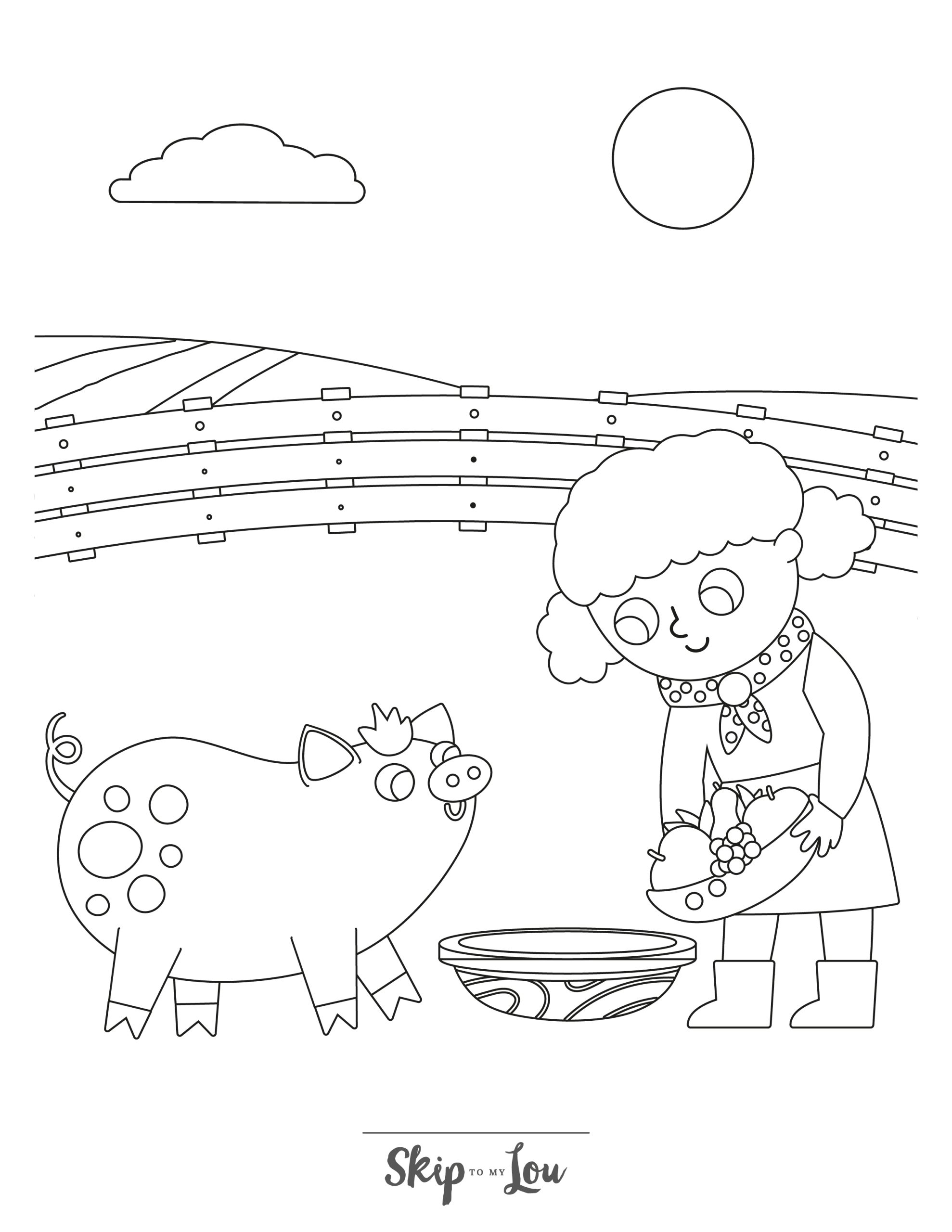 Farm Coloring Page 12 - A line drawing of a pig being fed by a woman. The woman is putting food into a bowl. A fence and field are in the background. 