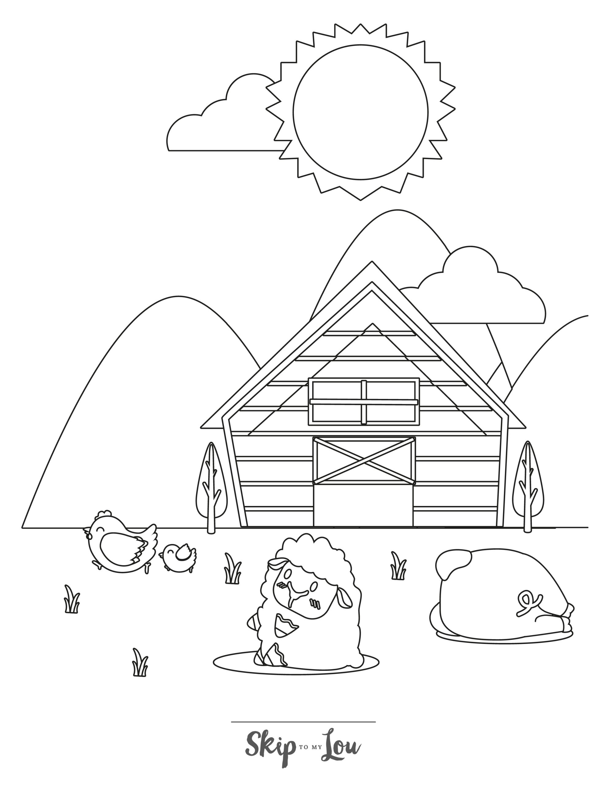 Farm Coloring Page 2 - A line drawing of barn animals with a barn and hills in the background