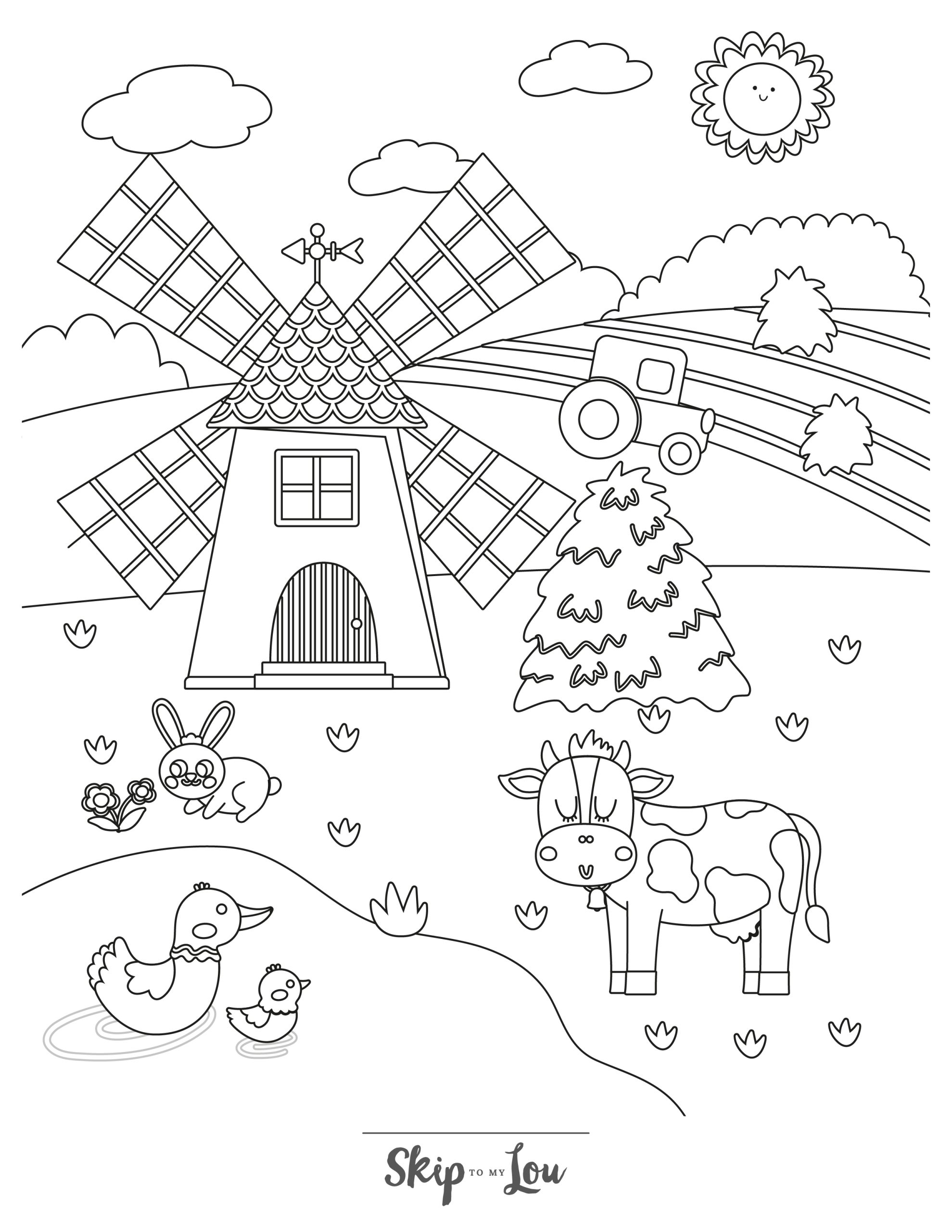 Skip to my Lou - Farm Coloring Pages - A line drawing of a farm scene with a large windmill. A cow, ducks, and a rabbit are in the foreground. A field with a tractor is in the background.