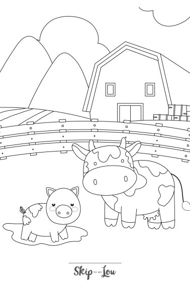 Farm Coloring Page 4 - A line drawing of a farm scene with a cow and small pig in the foreground. A long fence, a barn, a field, and mountains are in the background.