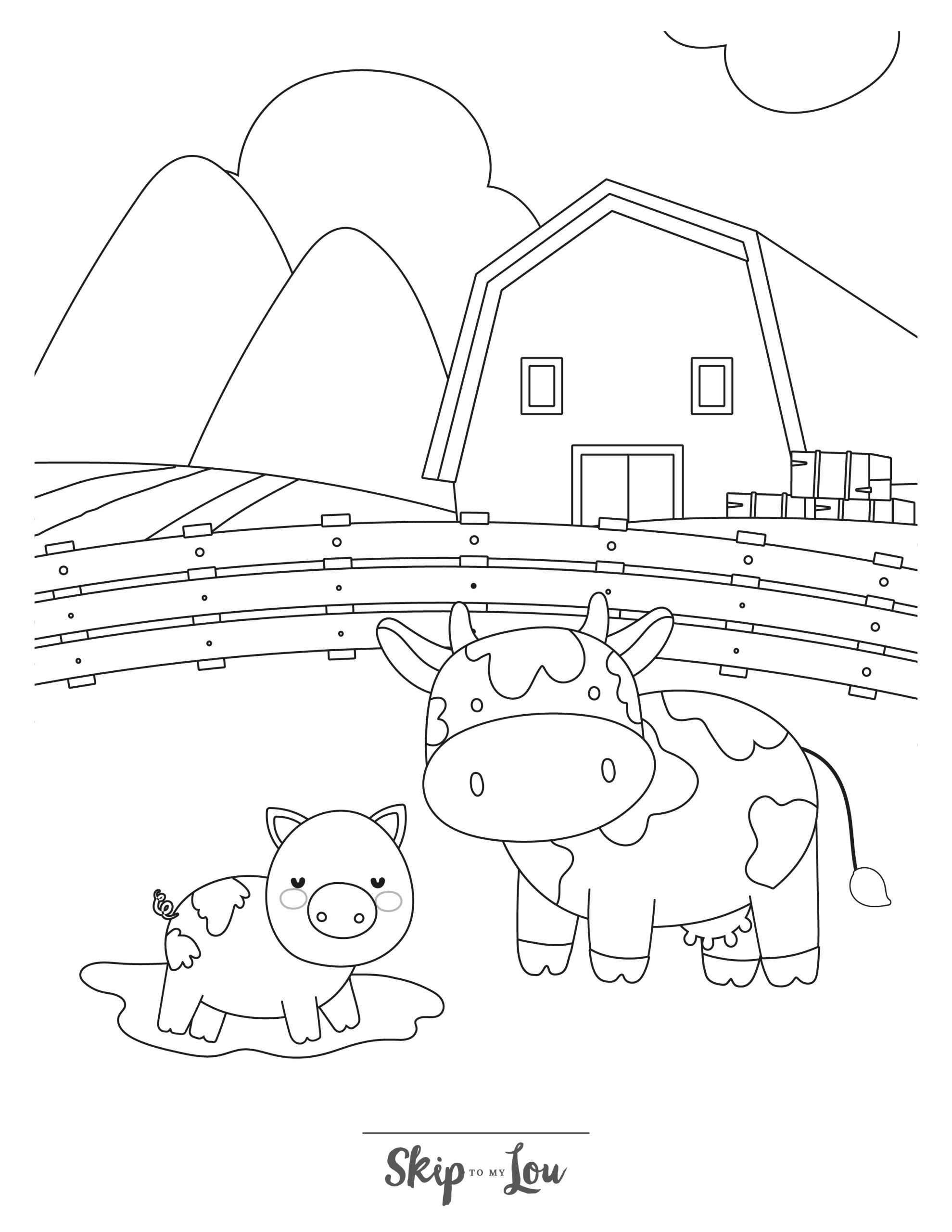 Farm Coloring Page 4 - A line drawing of a farm scene with a cow and small pig in the foreground. A long fence, a barn, a field, and mountains are in the background. 