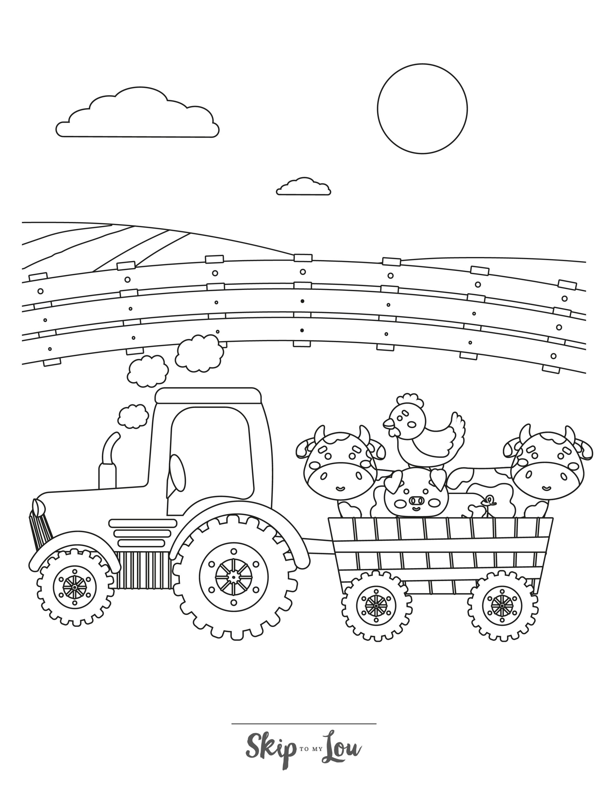 Farm Coloring Page 5 - A line drawing of a tractor pulling farm animals in a trailer. A long fence with a field is in the background. 