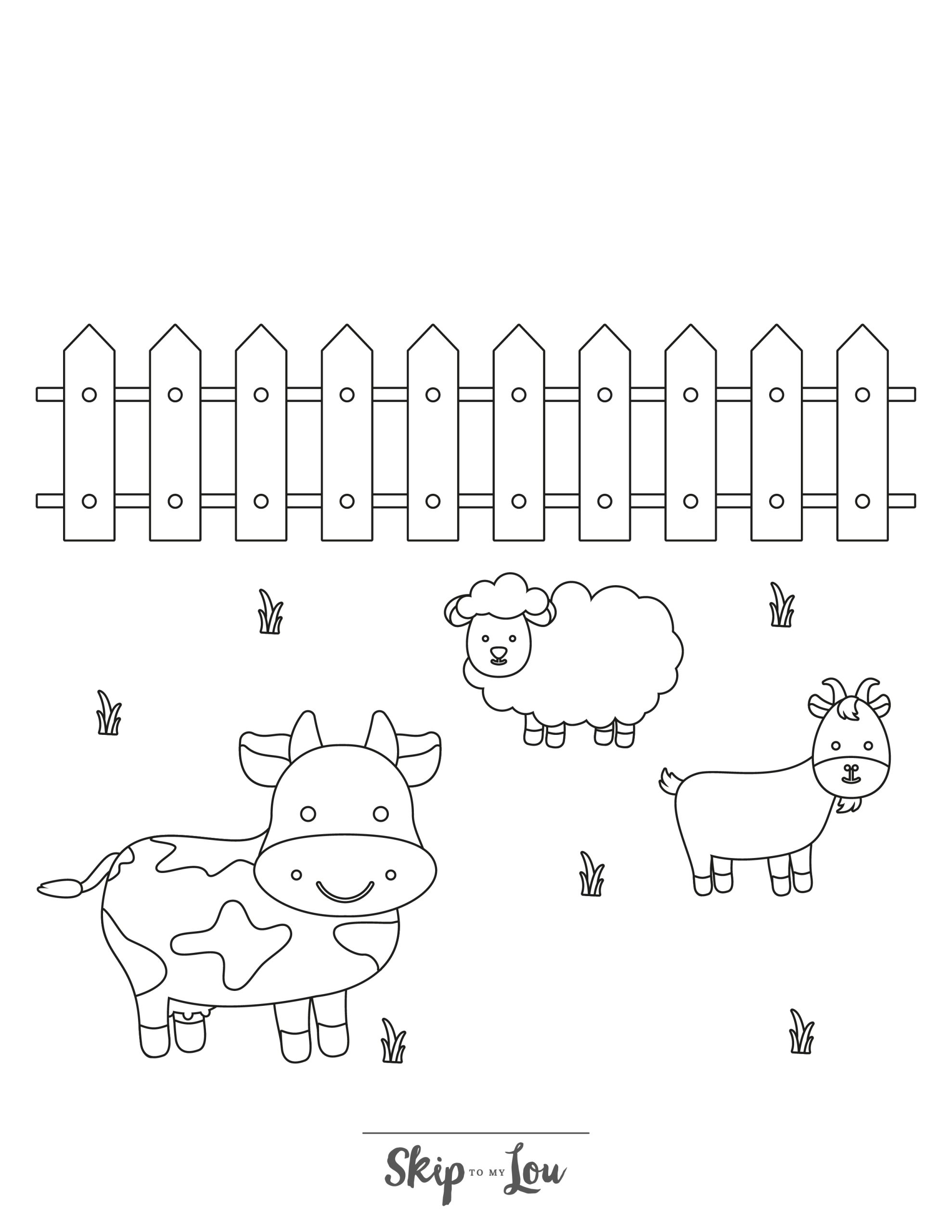 Farm Coloring Page 6 - A line drawing of a small cow, sheep and goat in a field. A fence is in the background. 