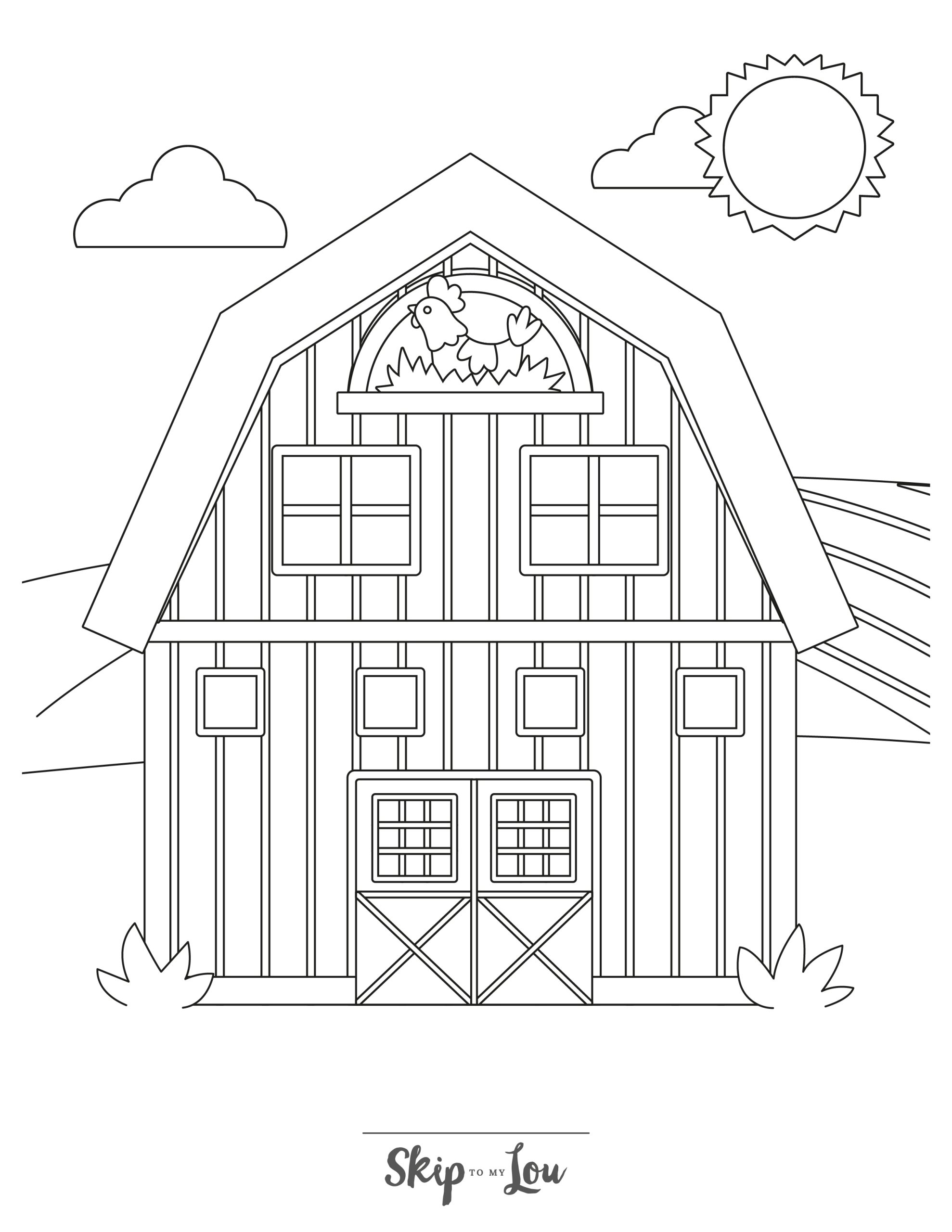Farm Coloring Page 7 - A line drawing of a big barn with a chicken in the top window. Fields are in the background.