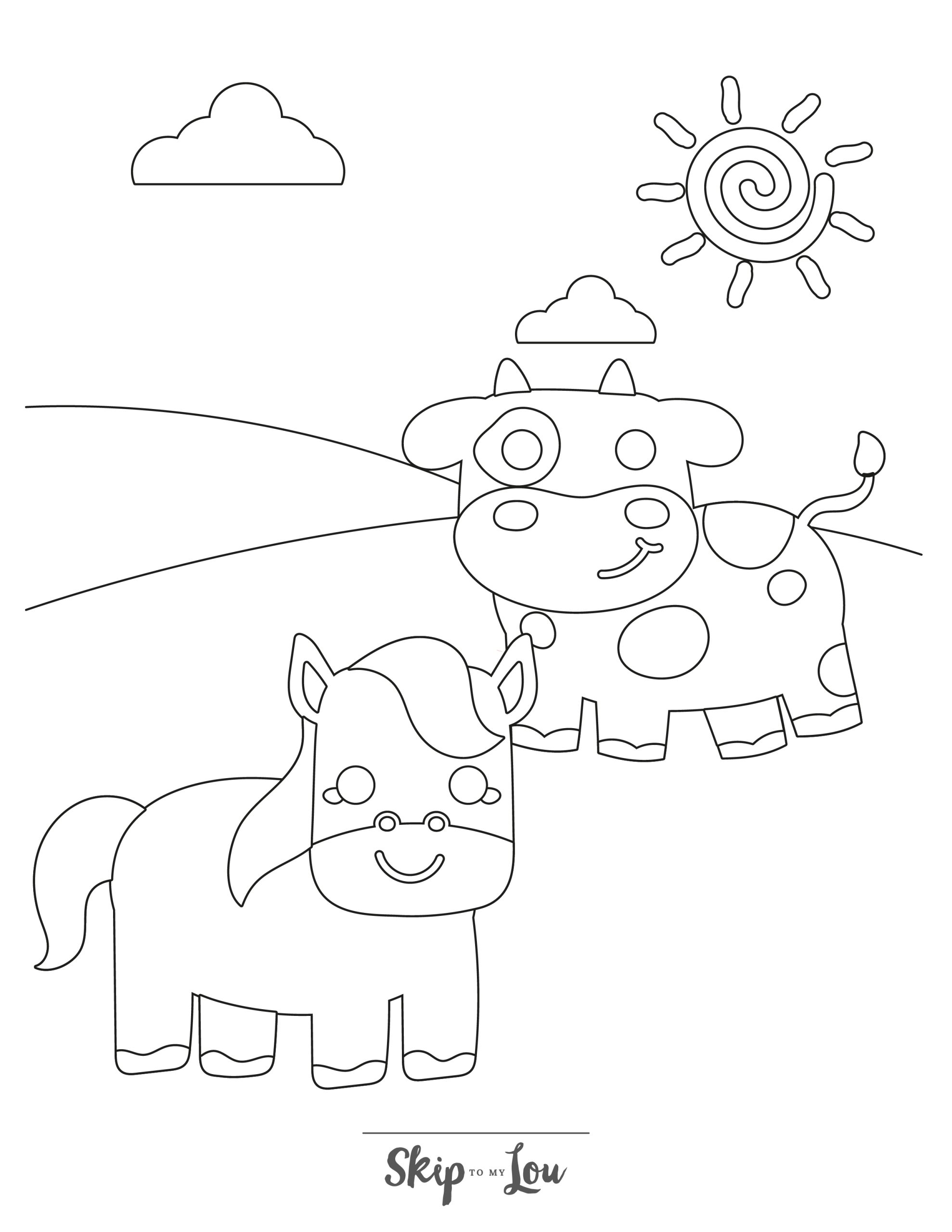 Farm Coloring Page 8 - A line drawing of a small cow and horse on a hill. The sun and clouds can be seen in the background. 