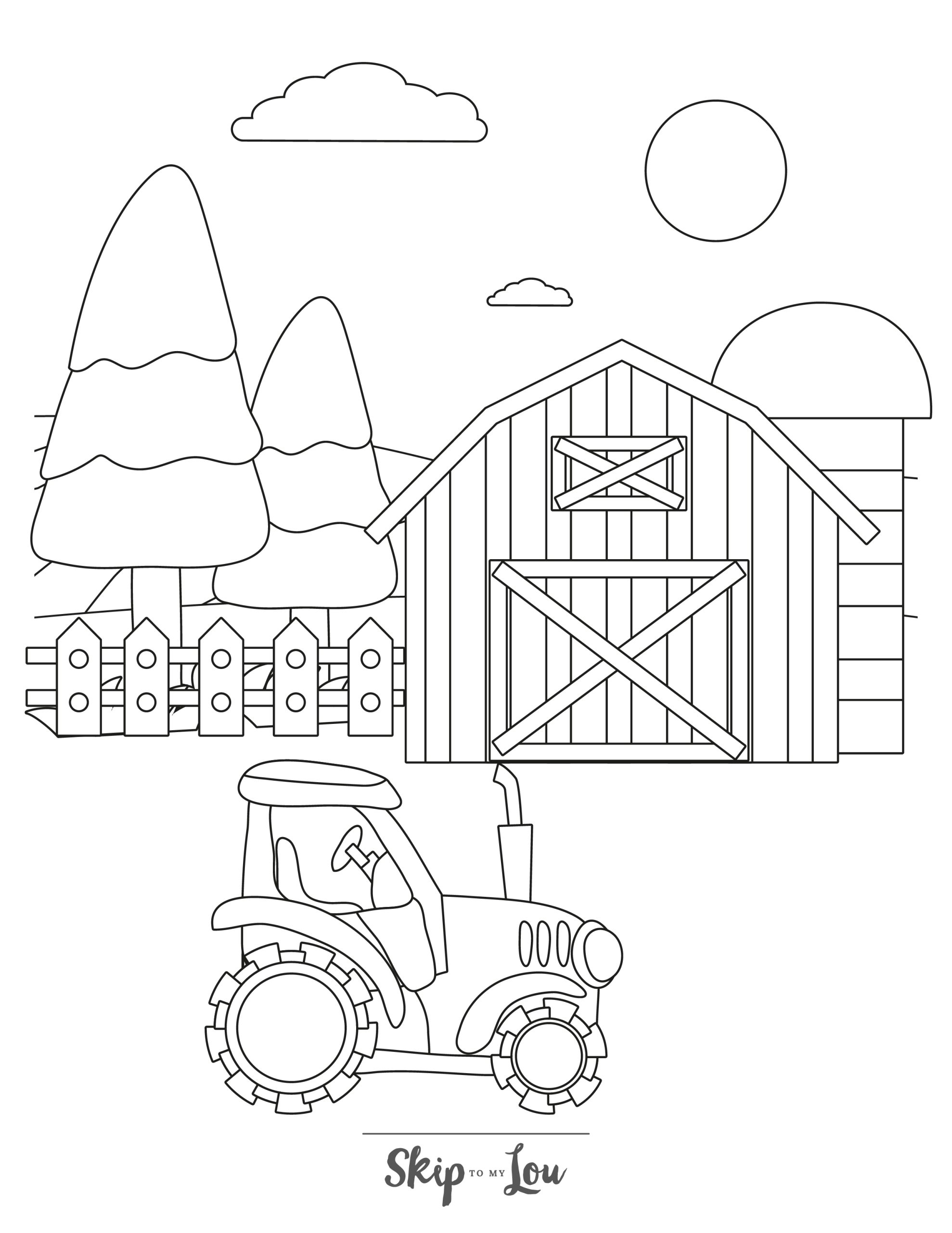 Farm Coloring Page 9 - A line drawing of a farm scene with a small tractor in the foreground. A barn with an attached silo is in the background. There are also trees and a fence. 
