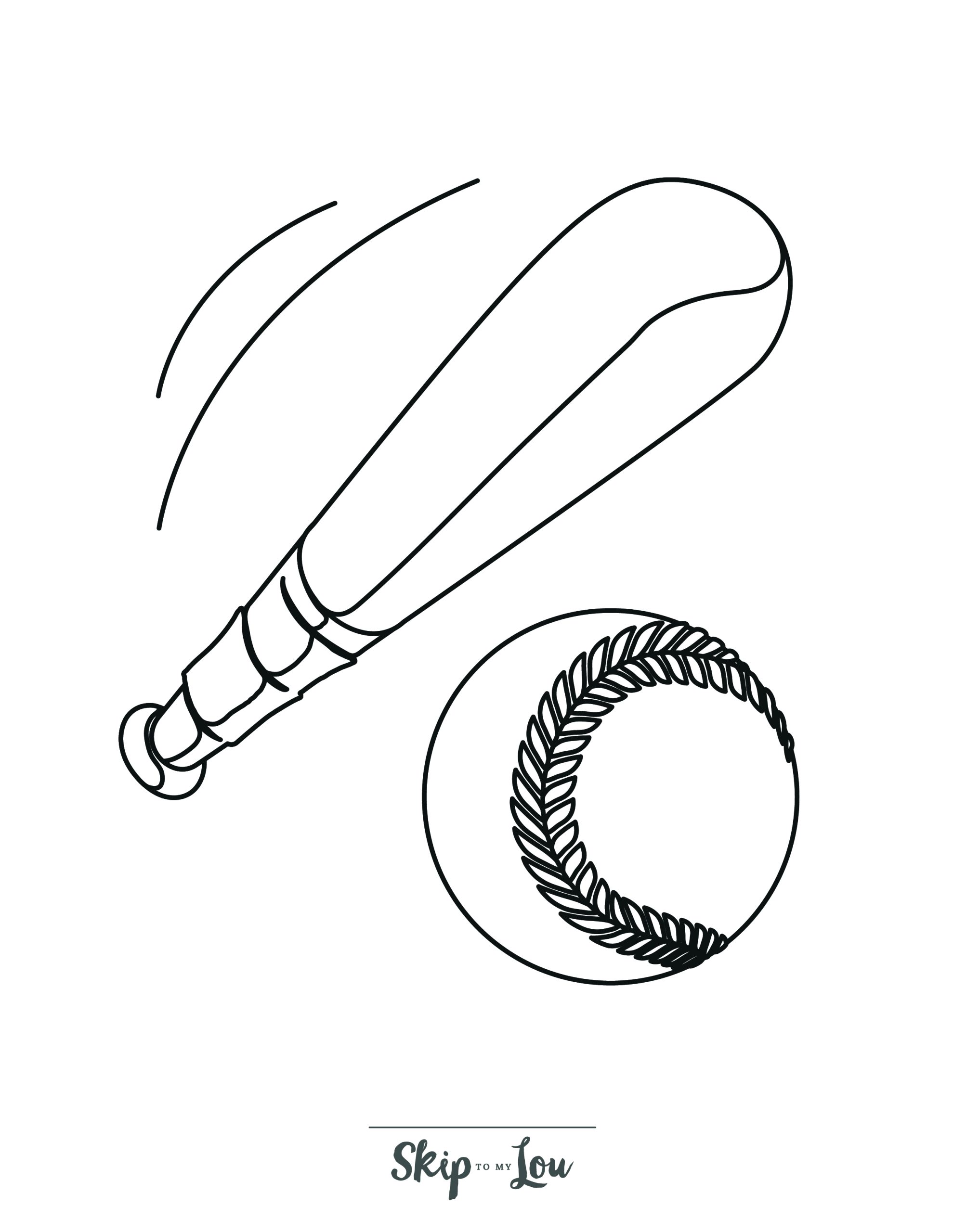 Baseball Coloring Page 2 - A line drawing of a baseball bat & ball.