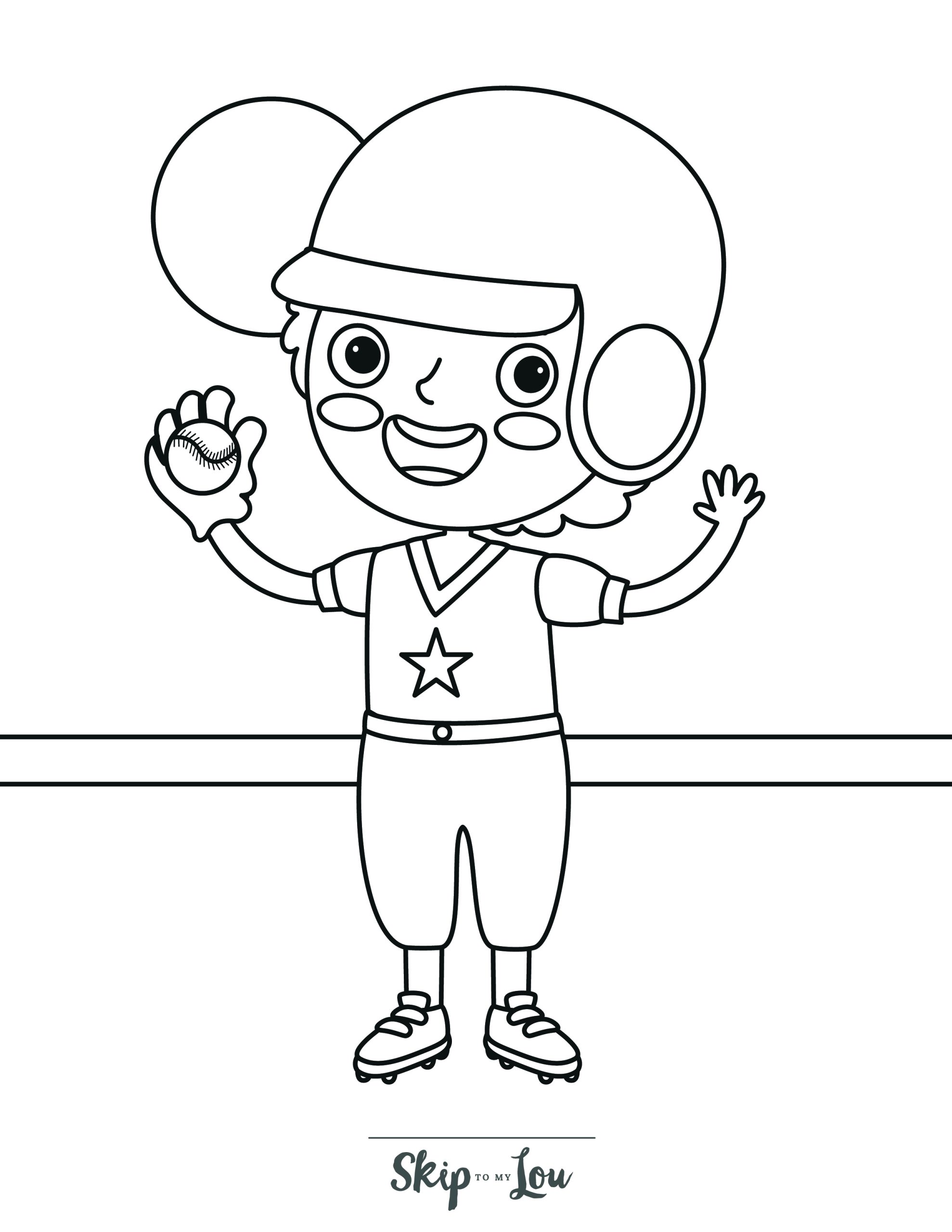 Baseball Coloring Page 6 - A line drawing of a happy baseball boy. He has his hands up, celebrating a catch with the baseball in hand