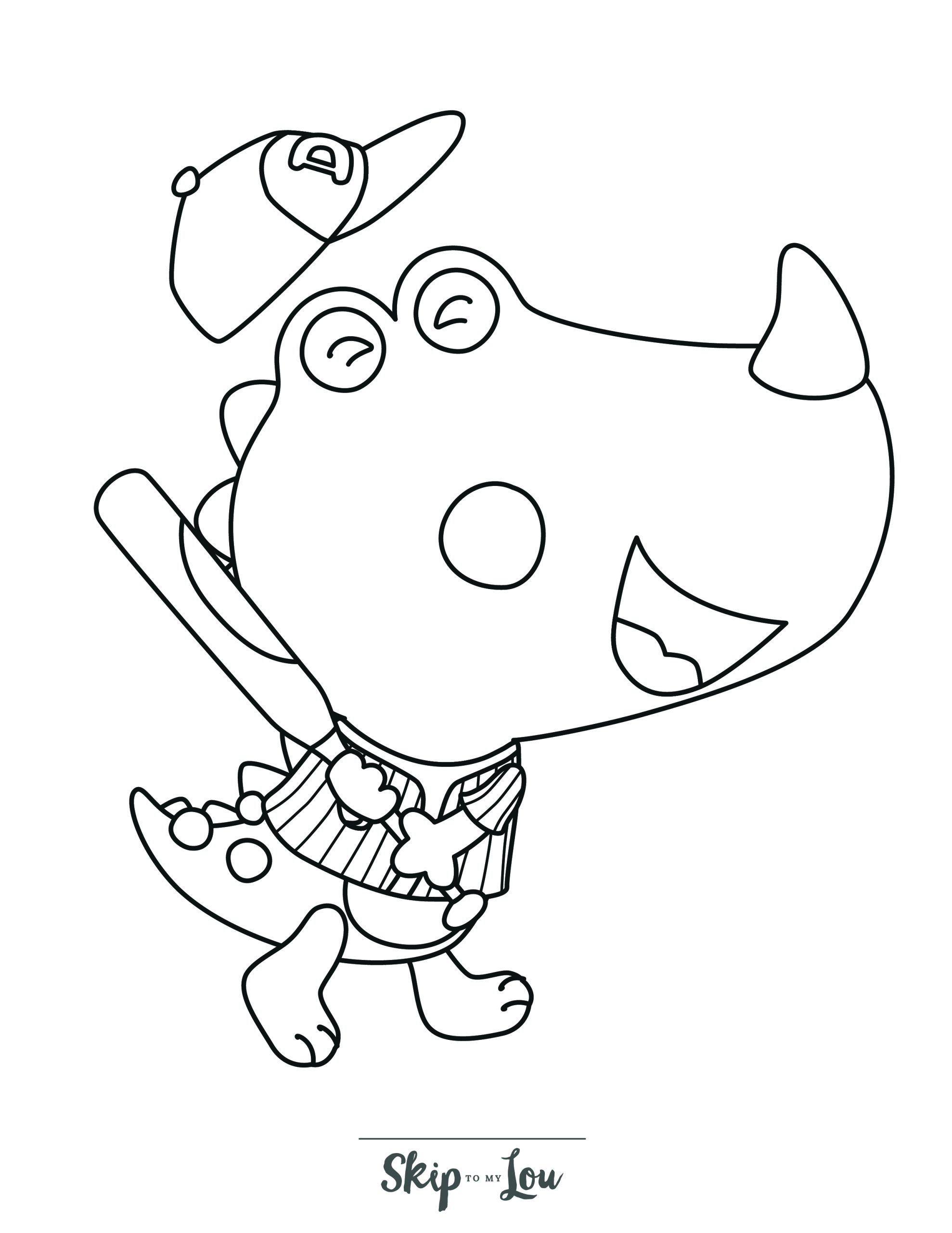 Baseball Coloring Page 7 - A line drawing of a dinosaur baseball player with a bat and a large head.