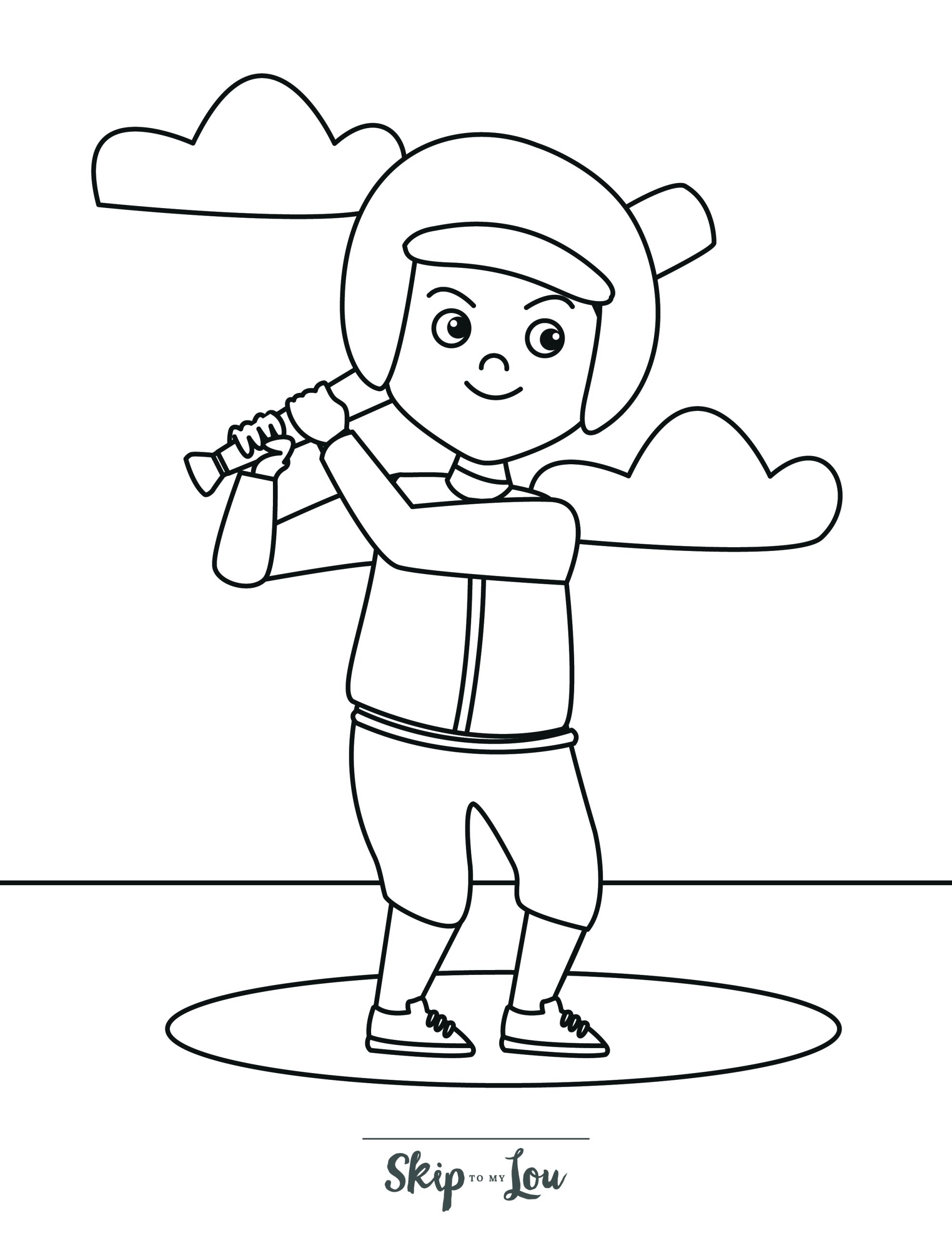Skip to my Lou - Baseball Coloring Pages - A line drawing of a baseball player ready to hit the ball.