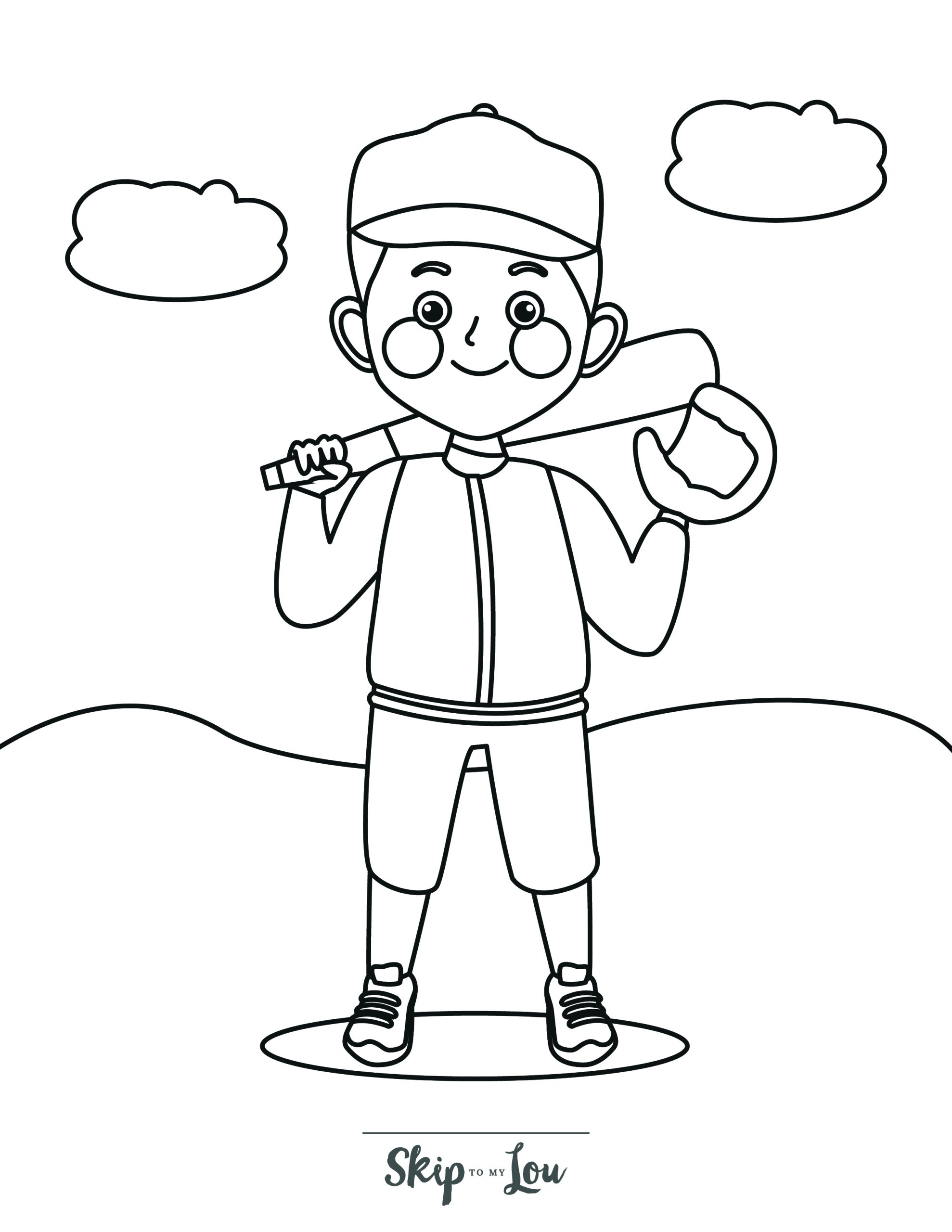Baseball Coloring Page 9 - A line drawing of a baseball player, holding a bat and wearing a baseball glove.