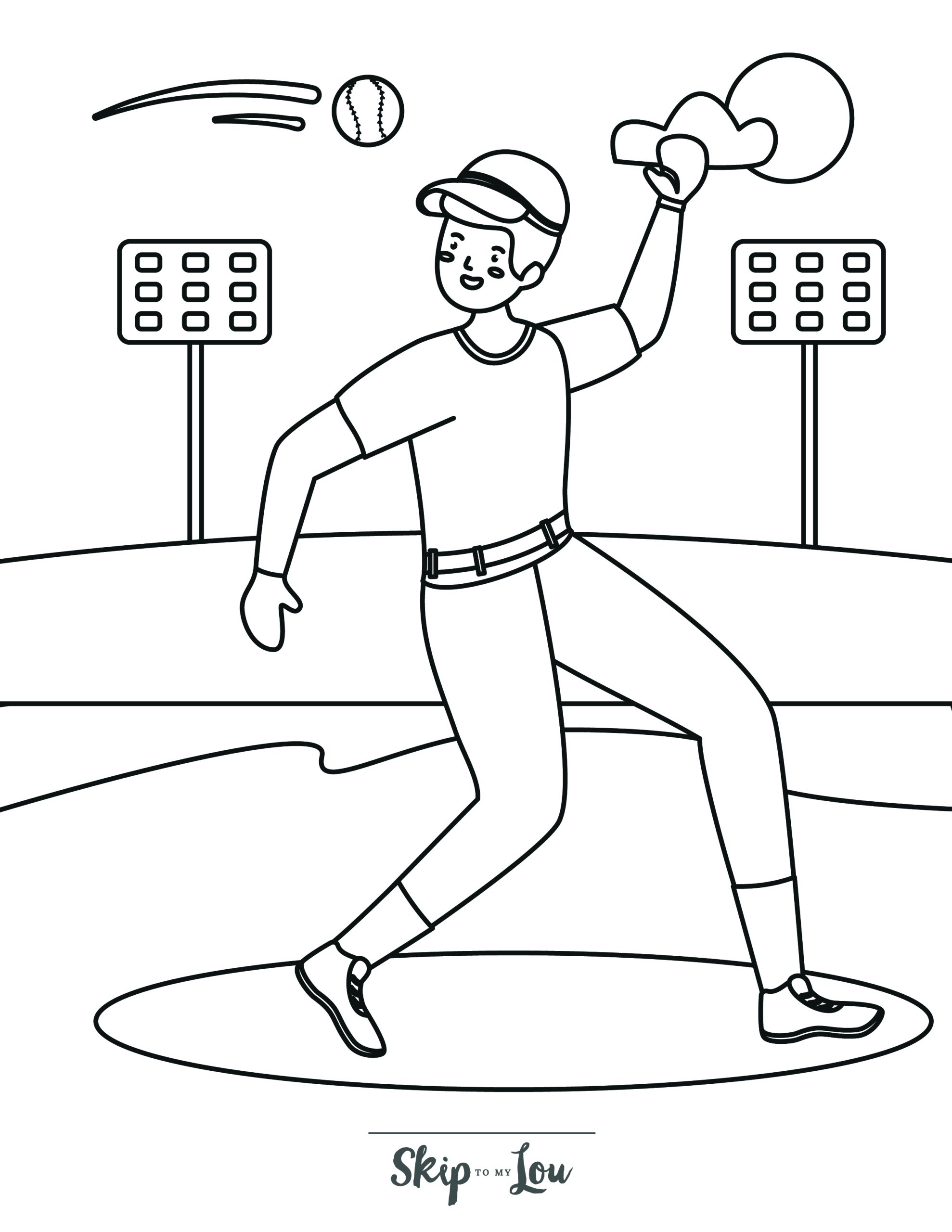 Baseball Coloring Page 10 - A line drawing of a baseball player about to catch a baseball.