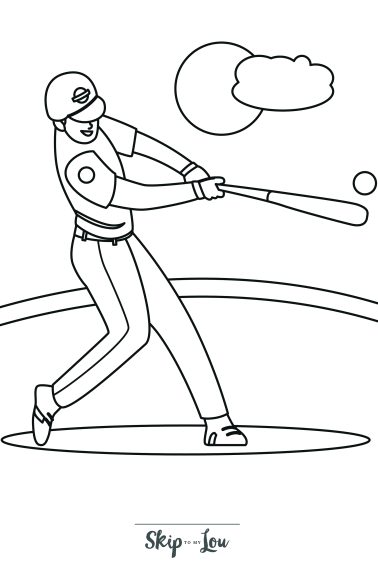 Baseball Coloring Page 11 - A line drawing of a baseball batsman swinging his bat to hit a ball.