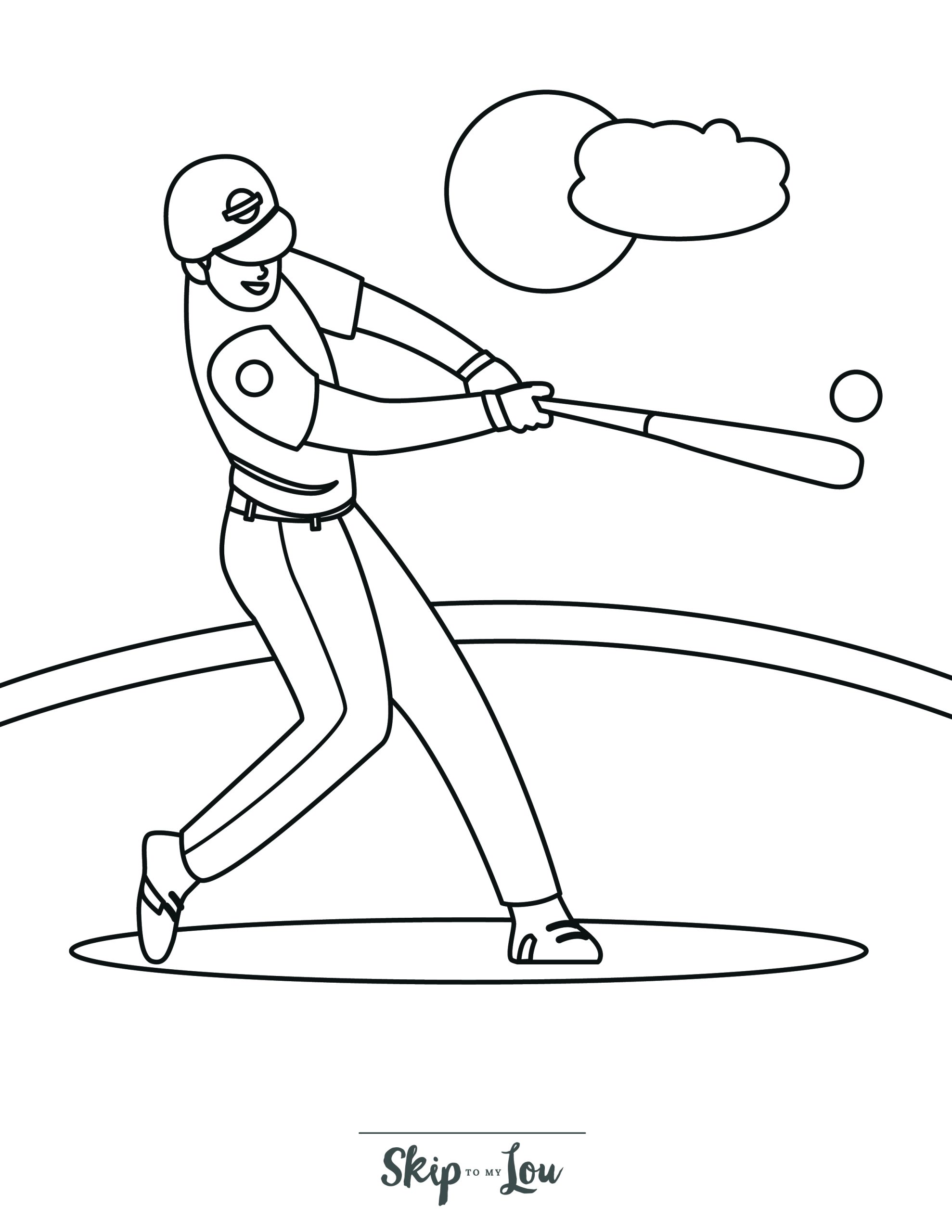 Baseball Coloring Page 11 - A line drawing of a baseball batsman swinging his bat to hit a ball.