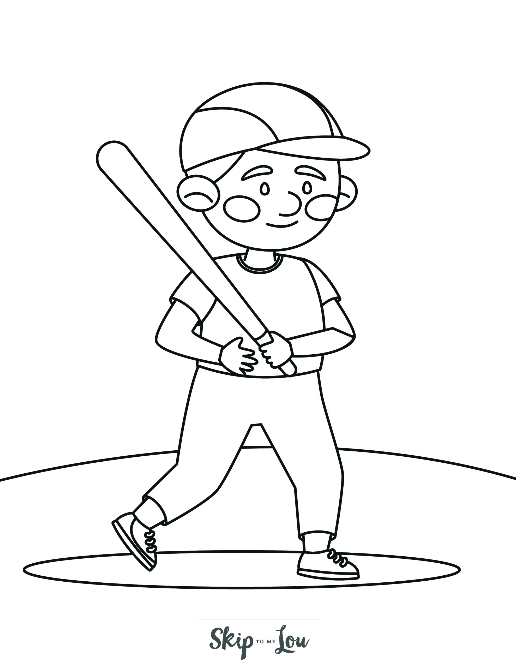 Baseball Coloring Page 12 - A line drawing of a young boy baseball player holding a bat.