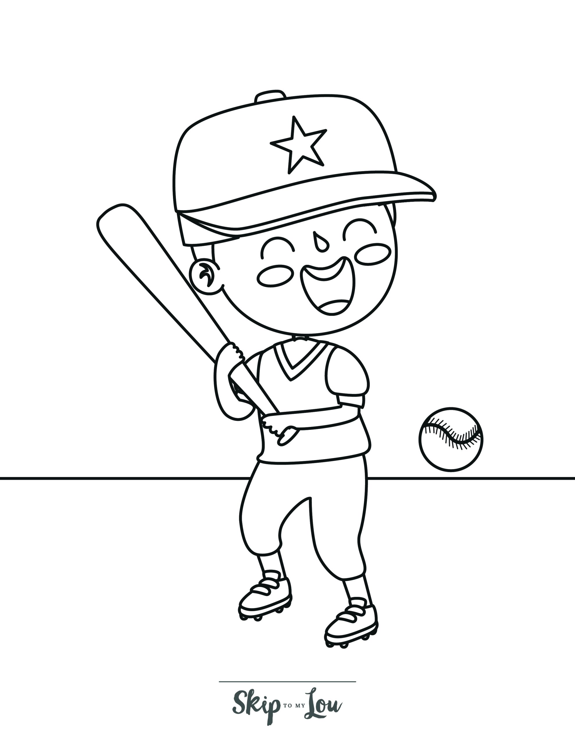 Baseball Coloring Page 1 - A line drawing of a little baseball player. He is ready to hit a baseball coming towards him with his bat.