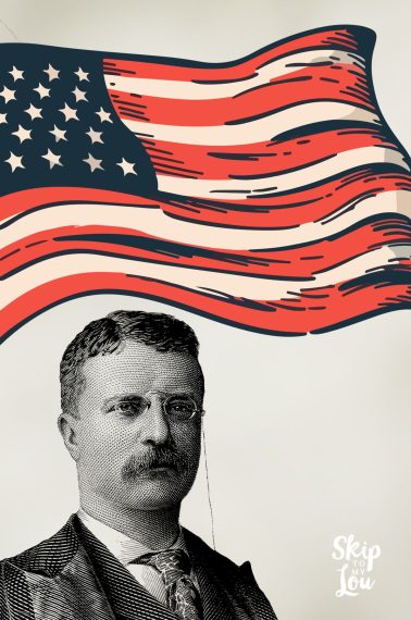 Image shows a picture of Teddy Roosevelt in black and white in front of the flag of the United States of America.