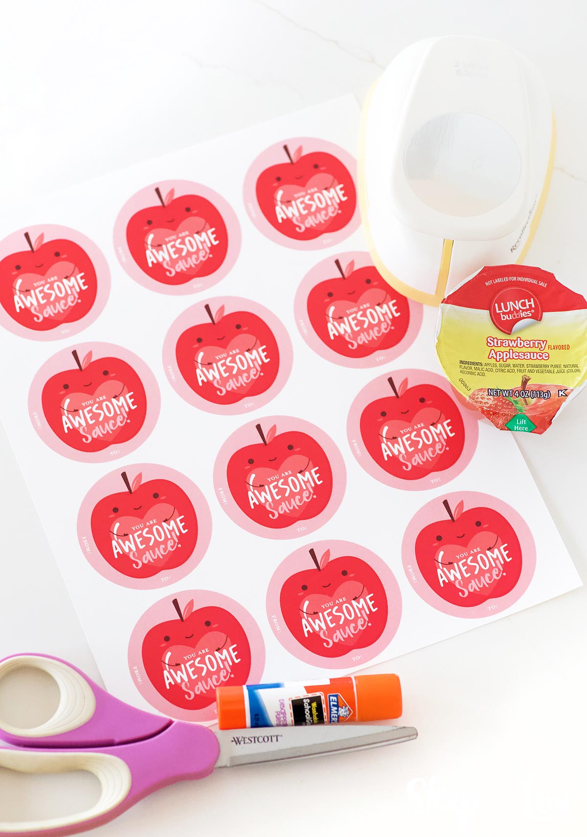 free printable, apple sauce cups, scissors, glue stick everything needed to make awesomone sauce valentines