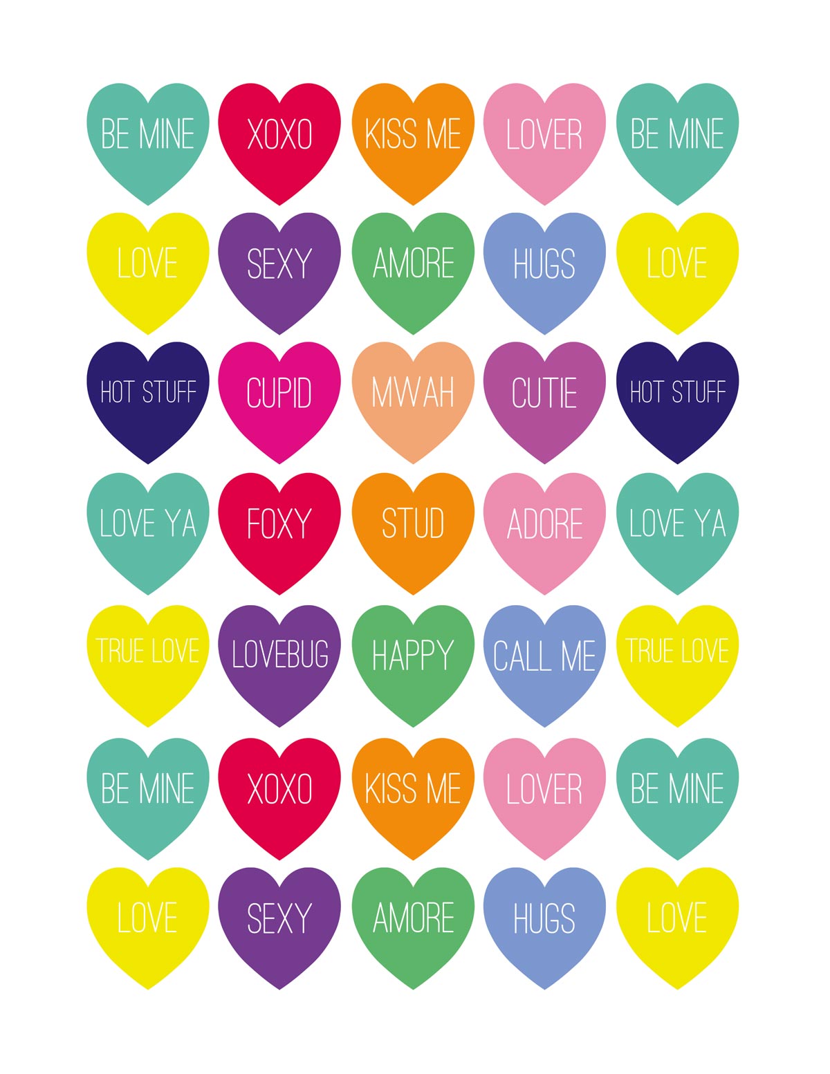 page of 35 1.25 inch colorful conversation hearts