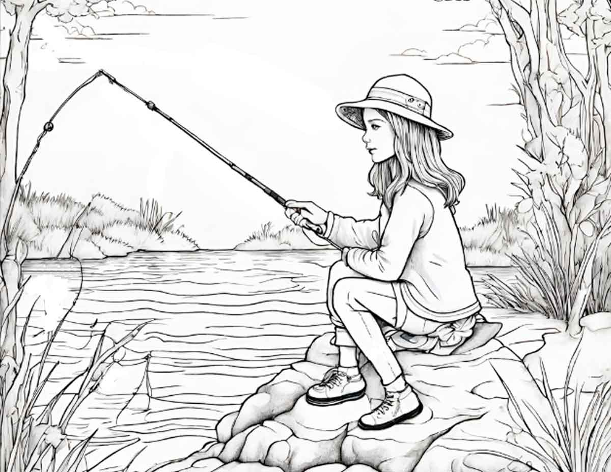 girl fishing coloring page