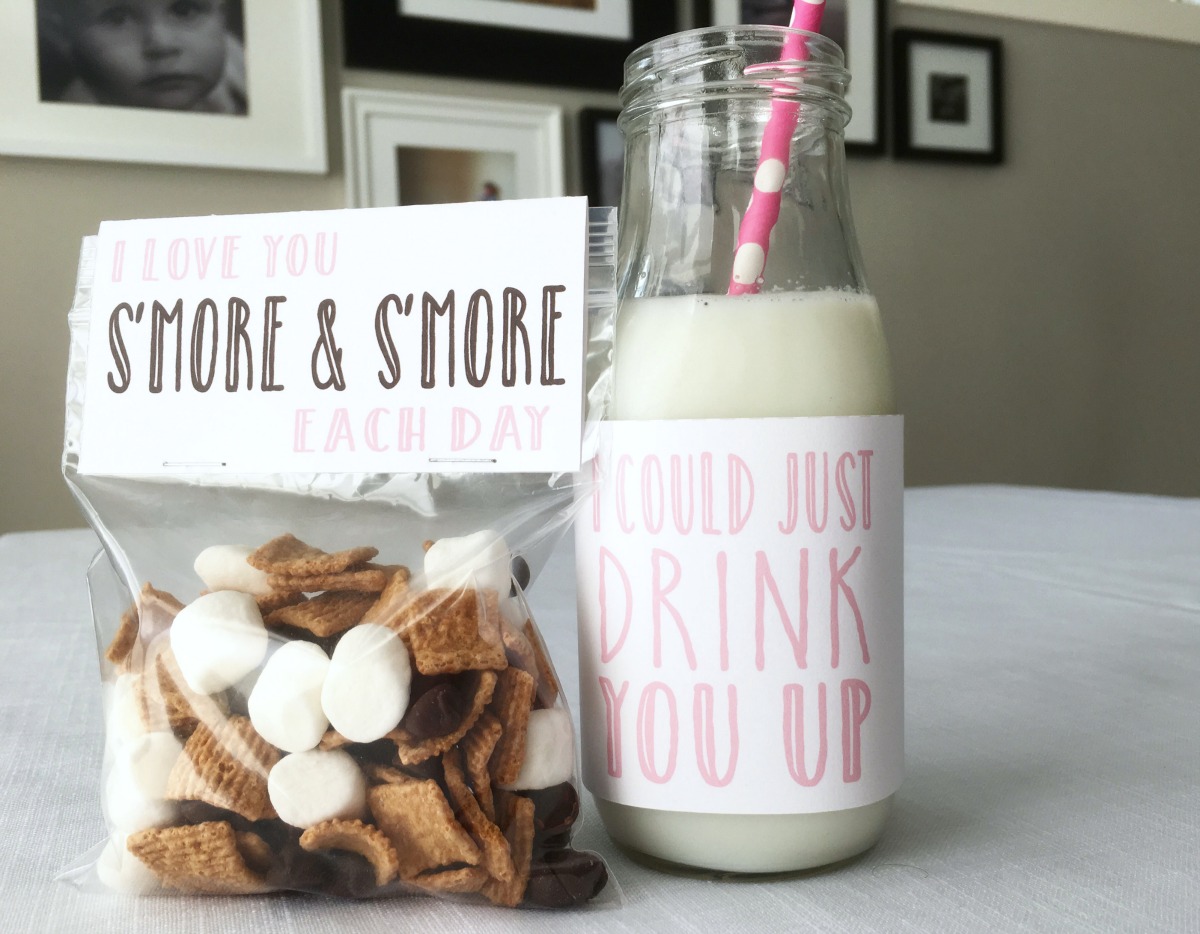 milk and cookies valentine idea homemade smore mix with milk with tag that says I could drink you up