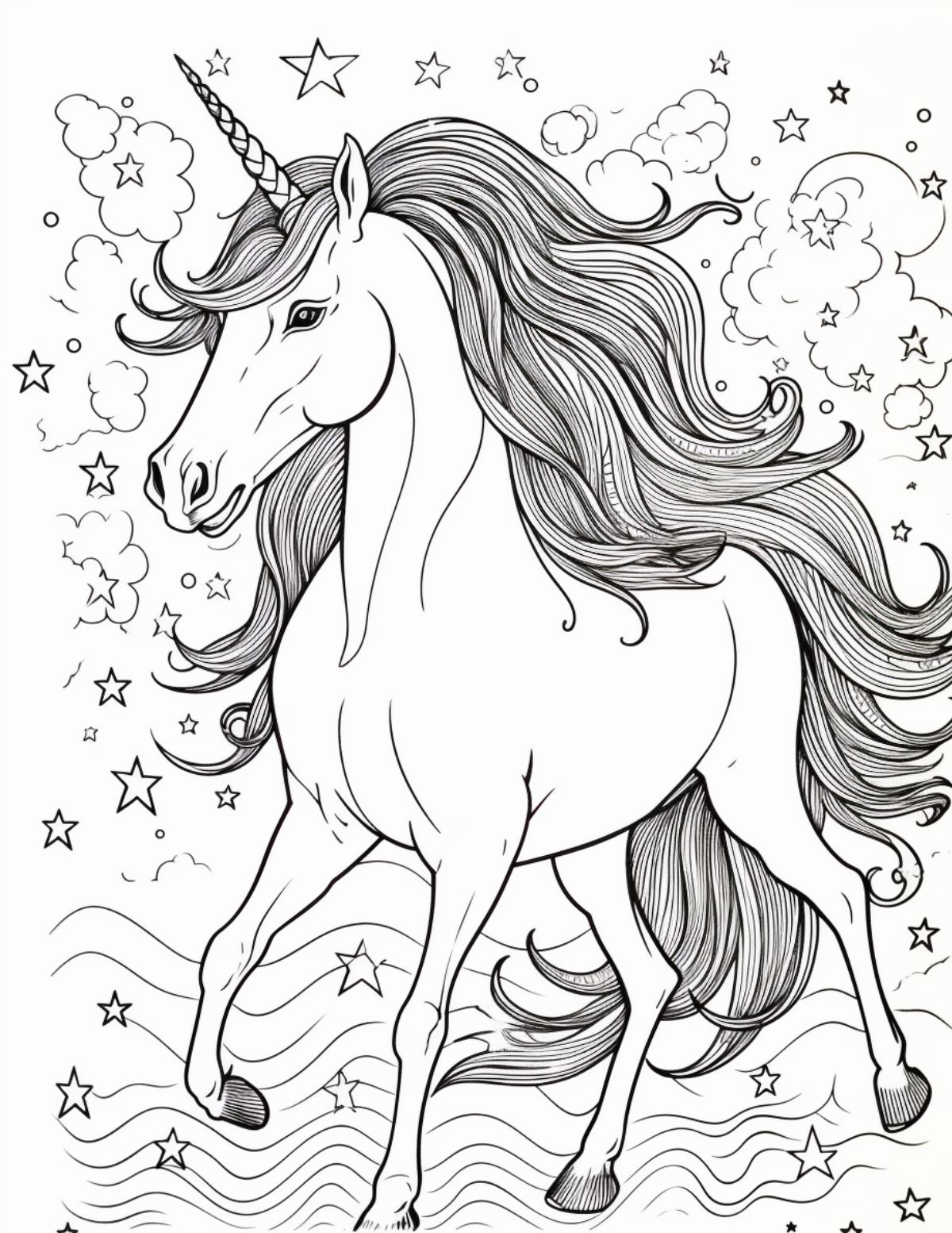 unicorn with large mane and stars in background