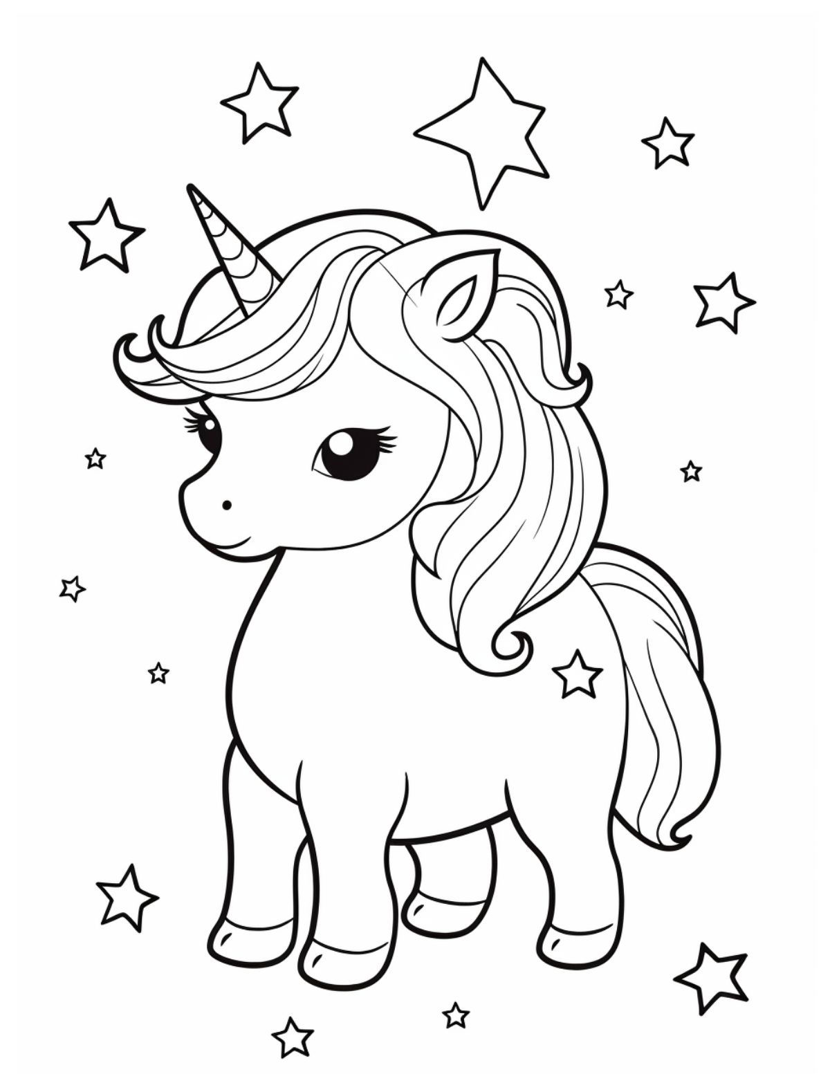 baby unicorn standing with stars in the background